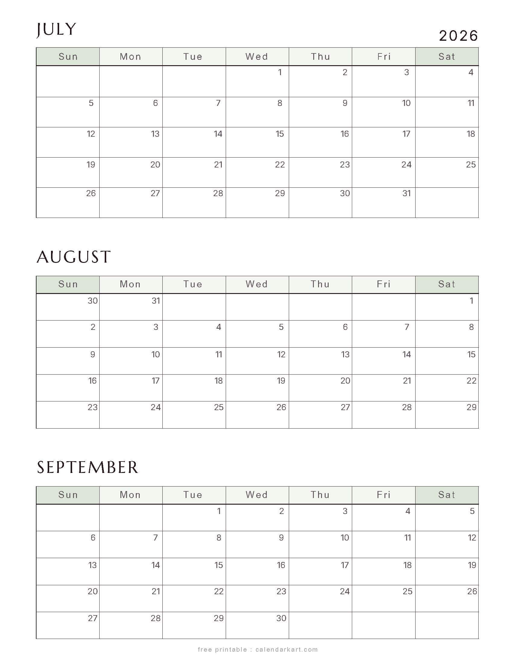 July-September 2026 Quarterly Calendar 2
