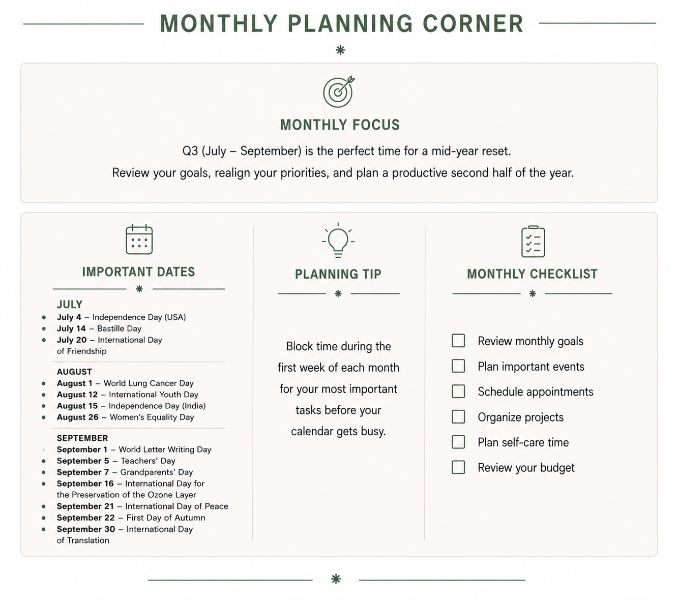 Monthly Focus Jul-Sep Q3 2026