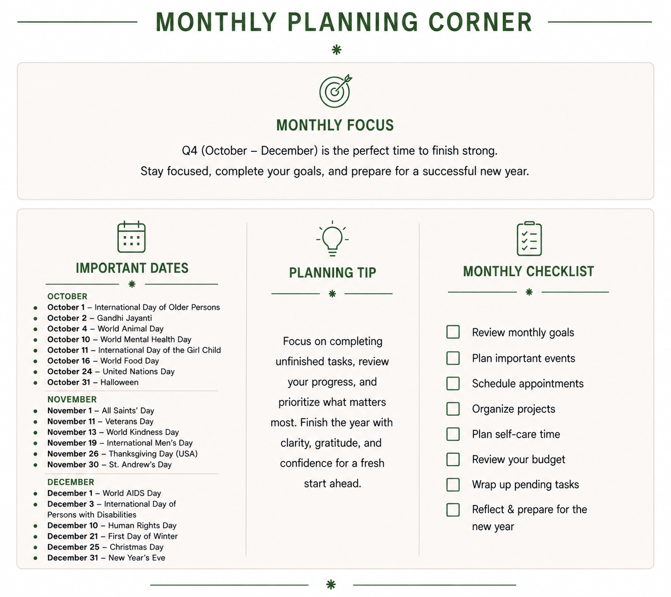 Monthly Focus Oct-Dec Q4 2026