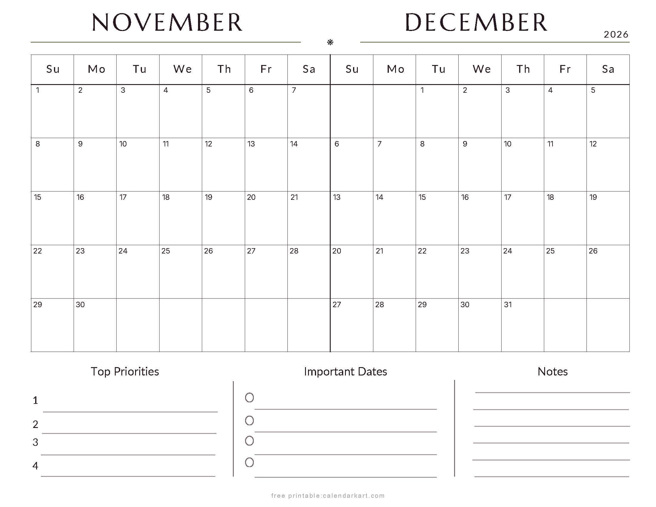 November-December Bi Monthly Calendar 2026 1