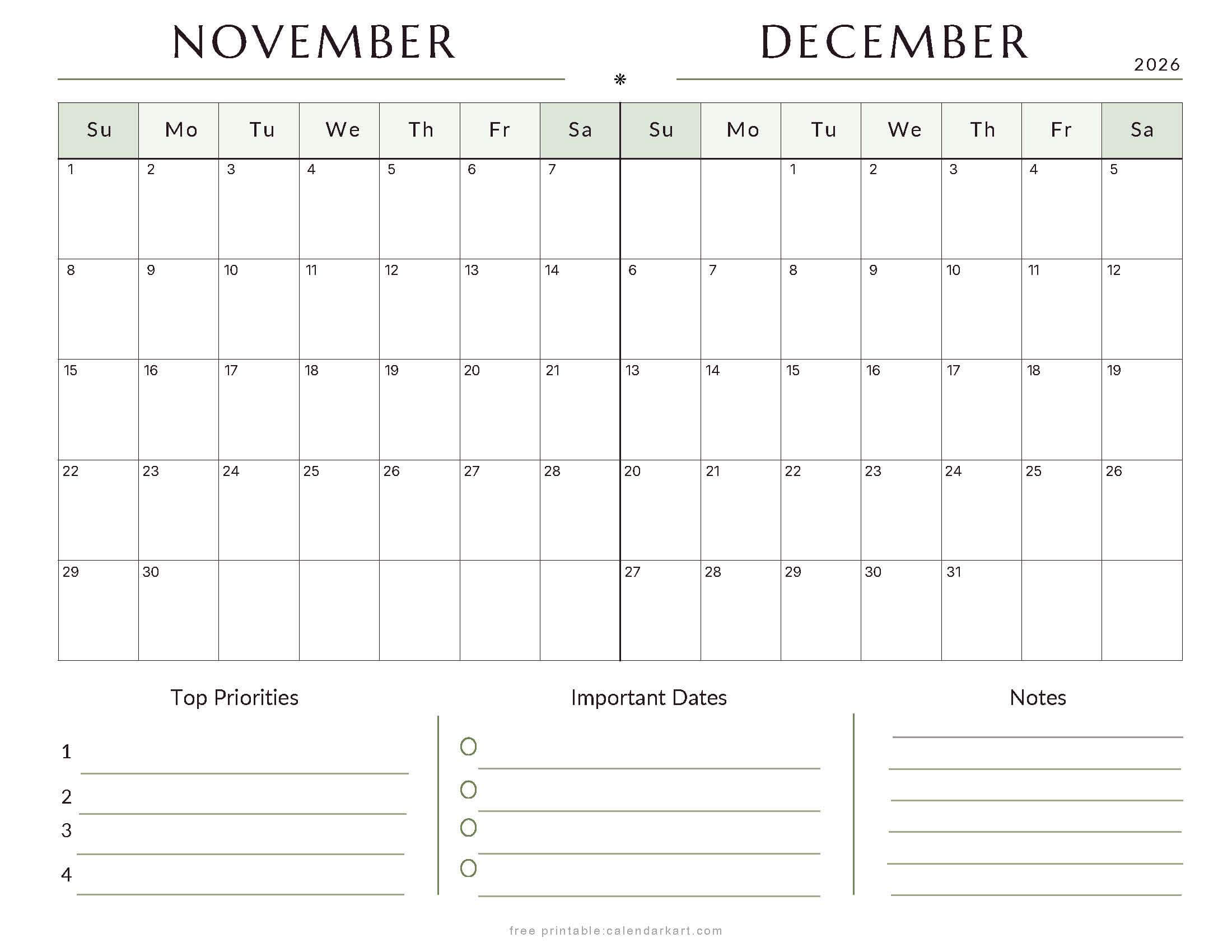 November-December Bi Monthly Calendar 2026 2