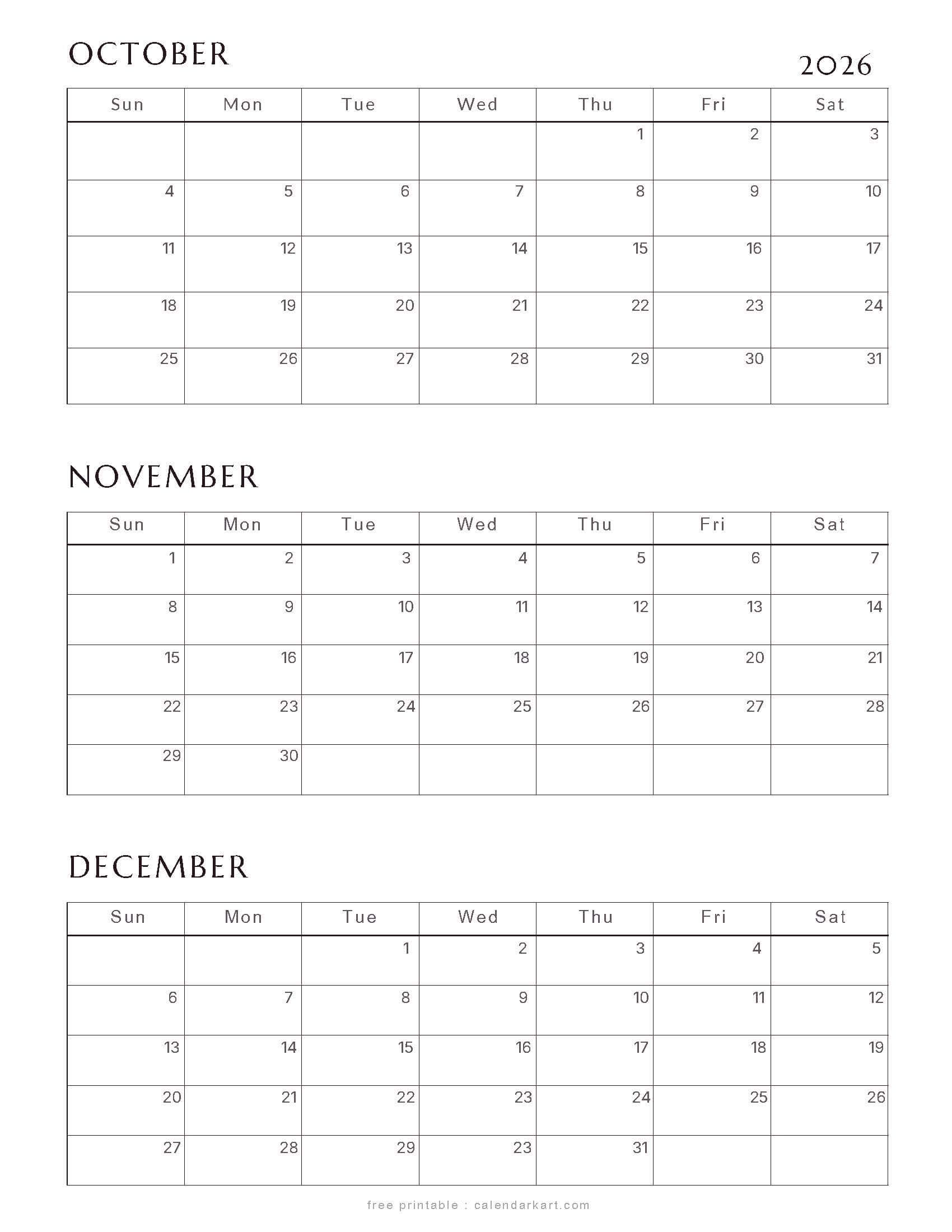 October-December 2026 Quarterly Calendar 1