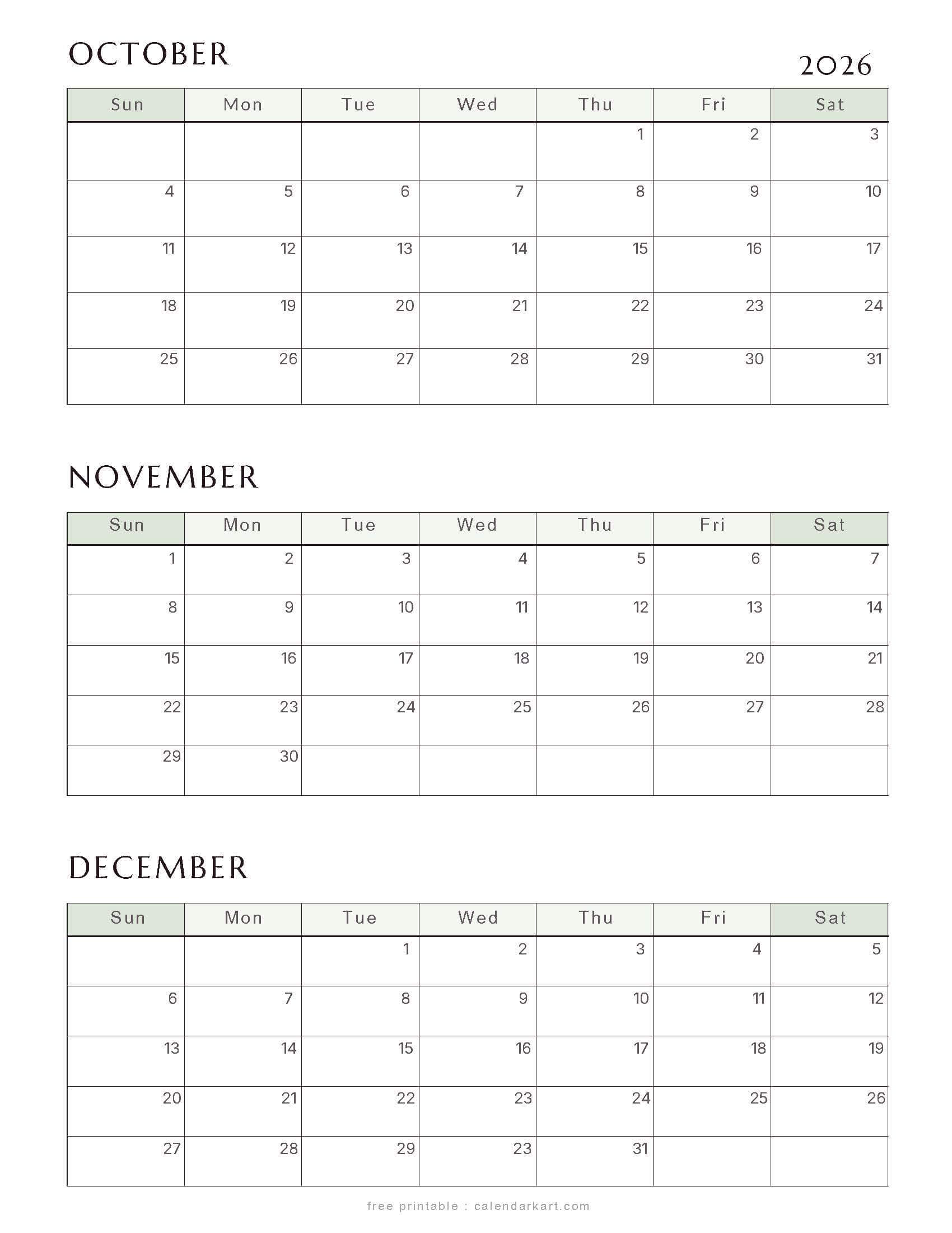October-December 2026 Quarterly Calendar 2