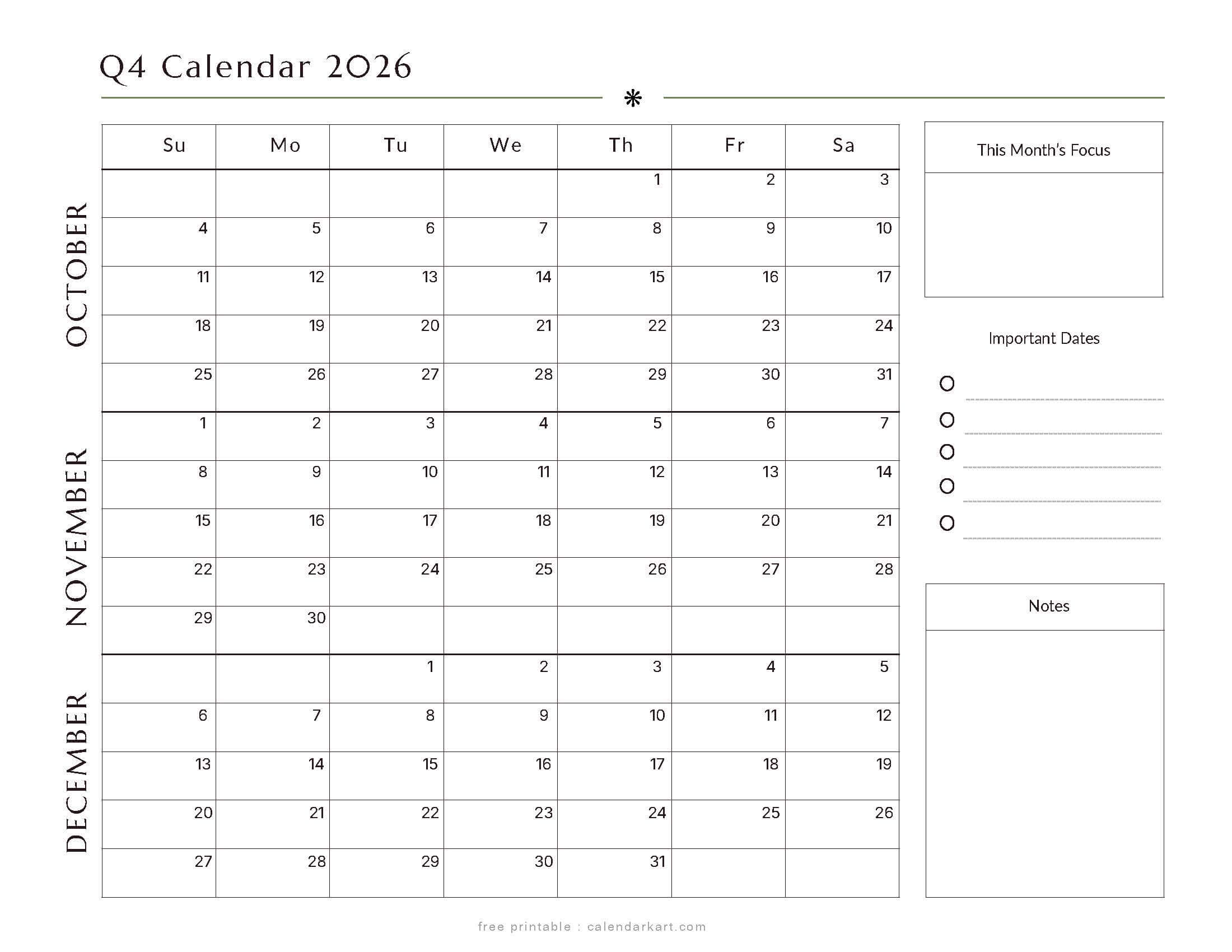 October-December 2026 Quarterly Calendar 3