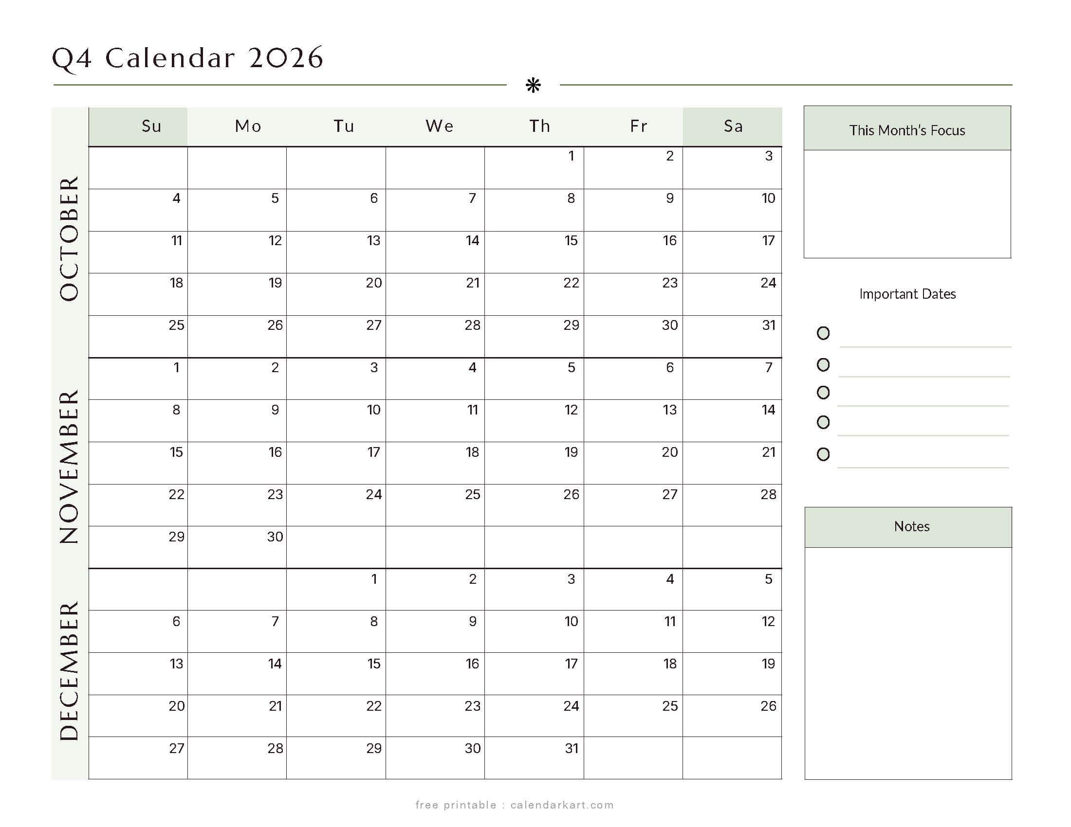 October-December 2026 Quarterly Calendar 4