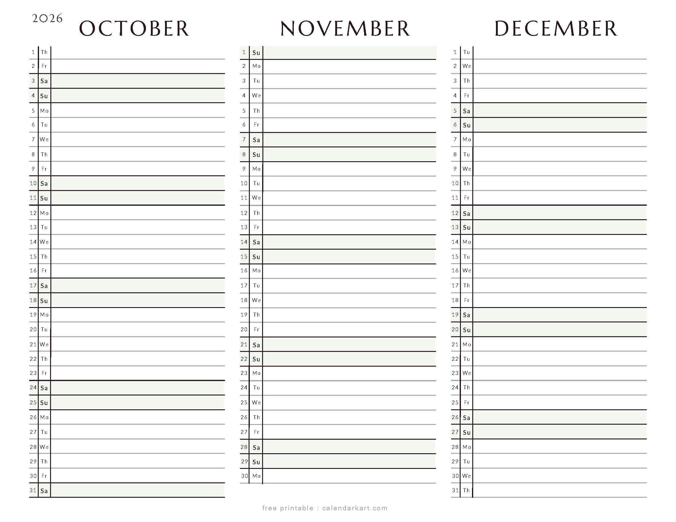 October-December 2026 Quarterly Calendar 8