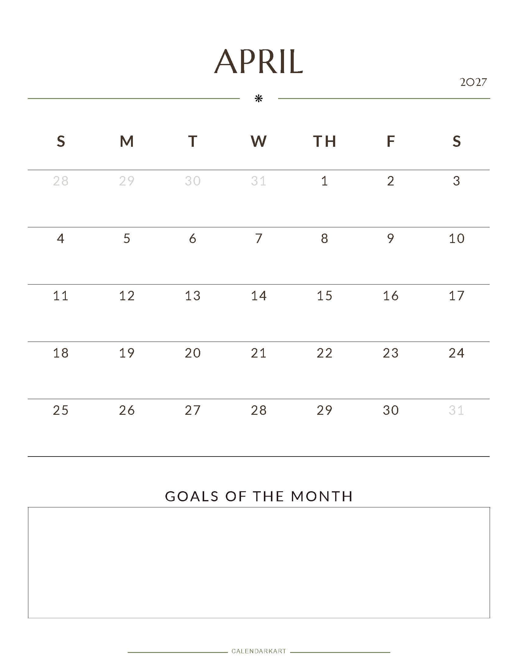 Printable April 2027 Monthly Calendar 1
