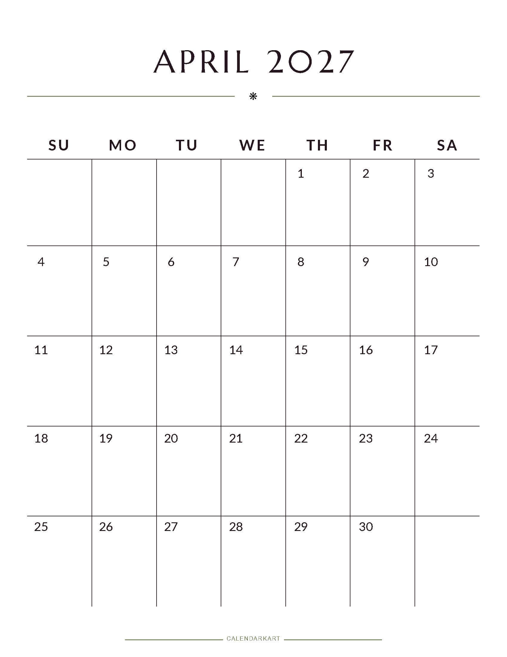 Printable April 2027 Monthly Calendar 2
