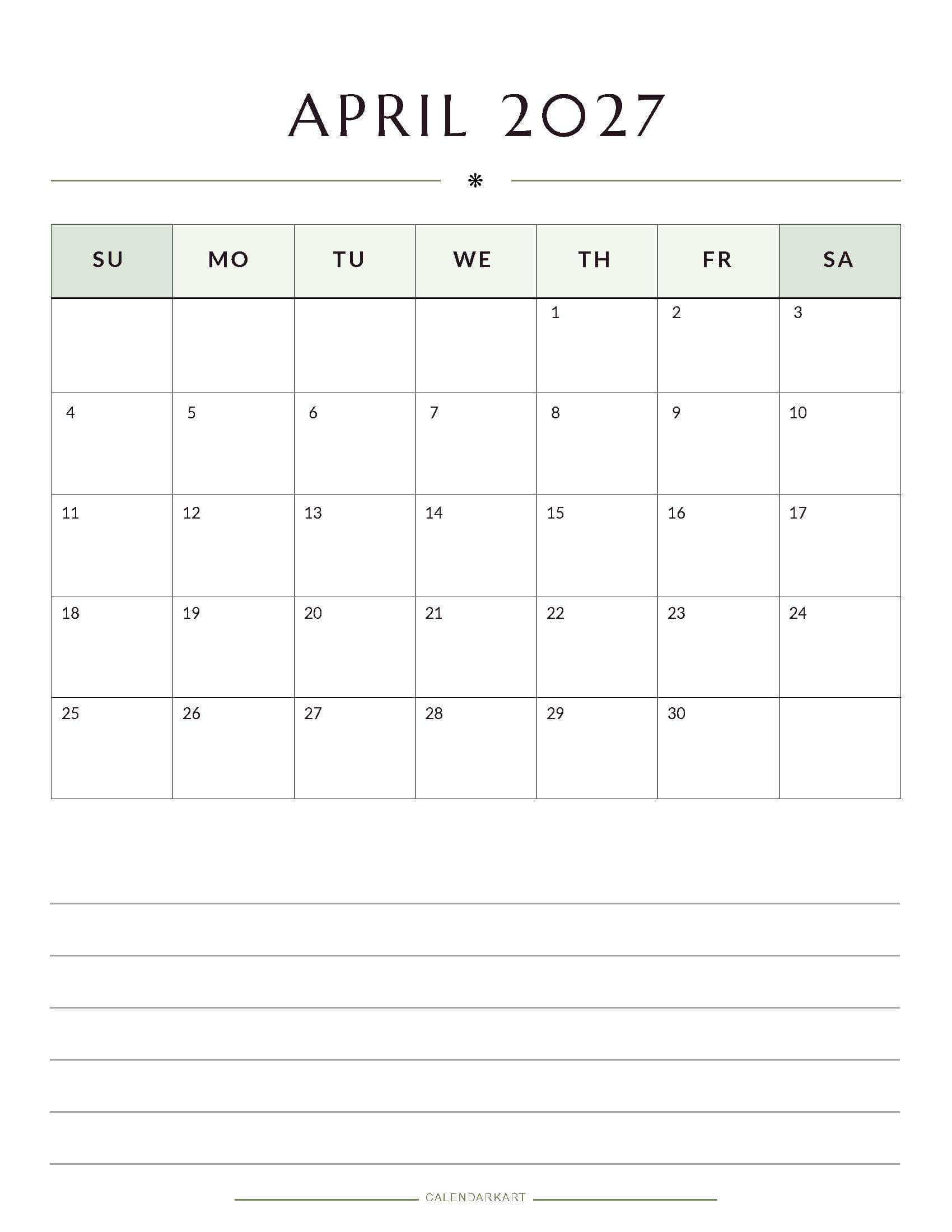 Printable April 2027 Monthly Calendar 3