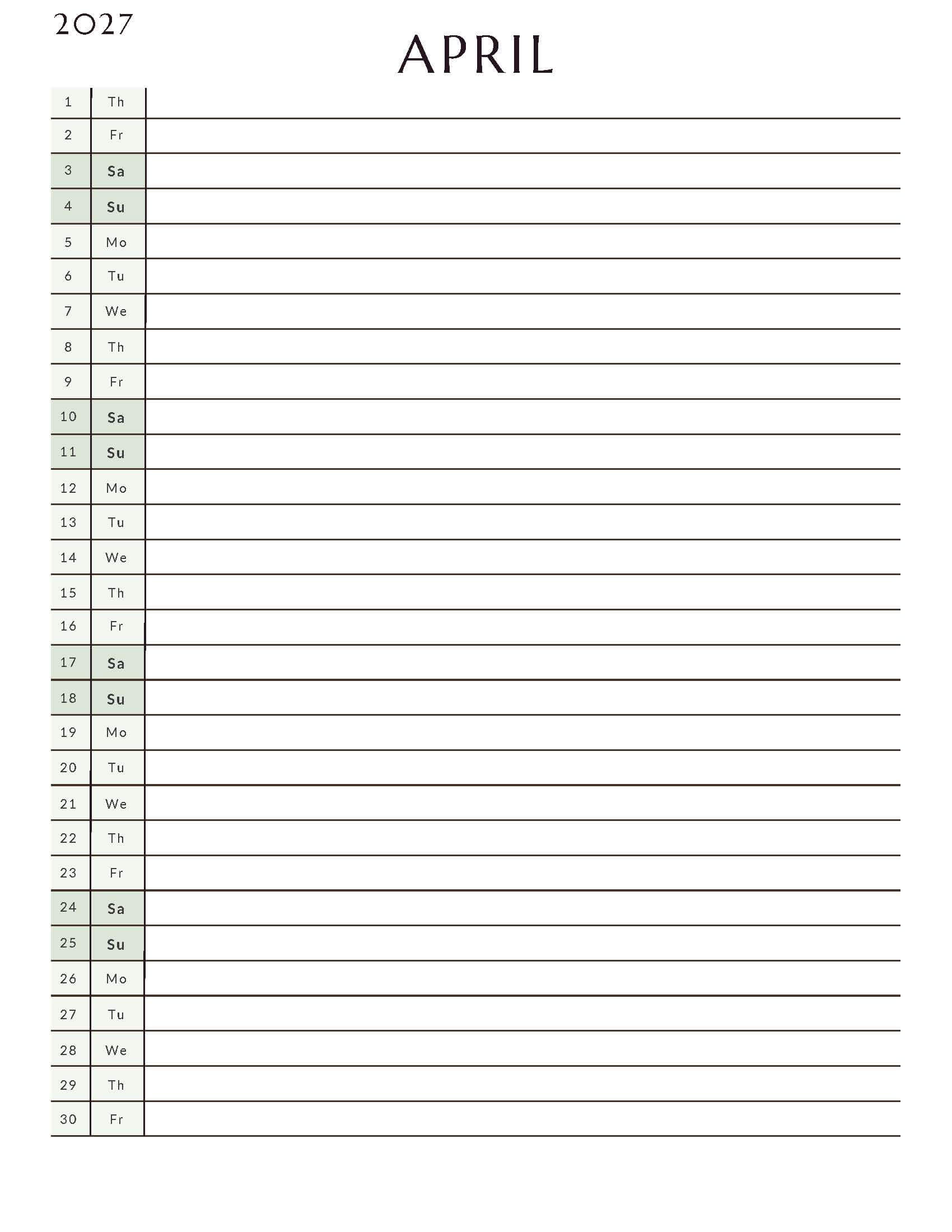 Printable April 2027 Monthly Calendar 4`