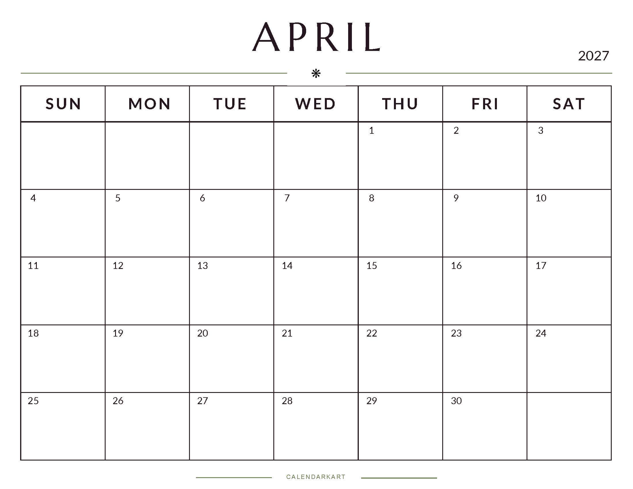 Printable April 2027 Monthly Calendar 5