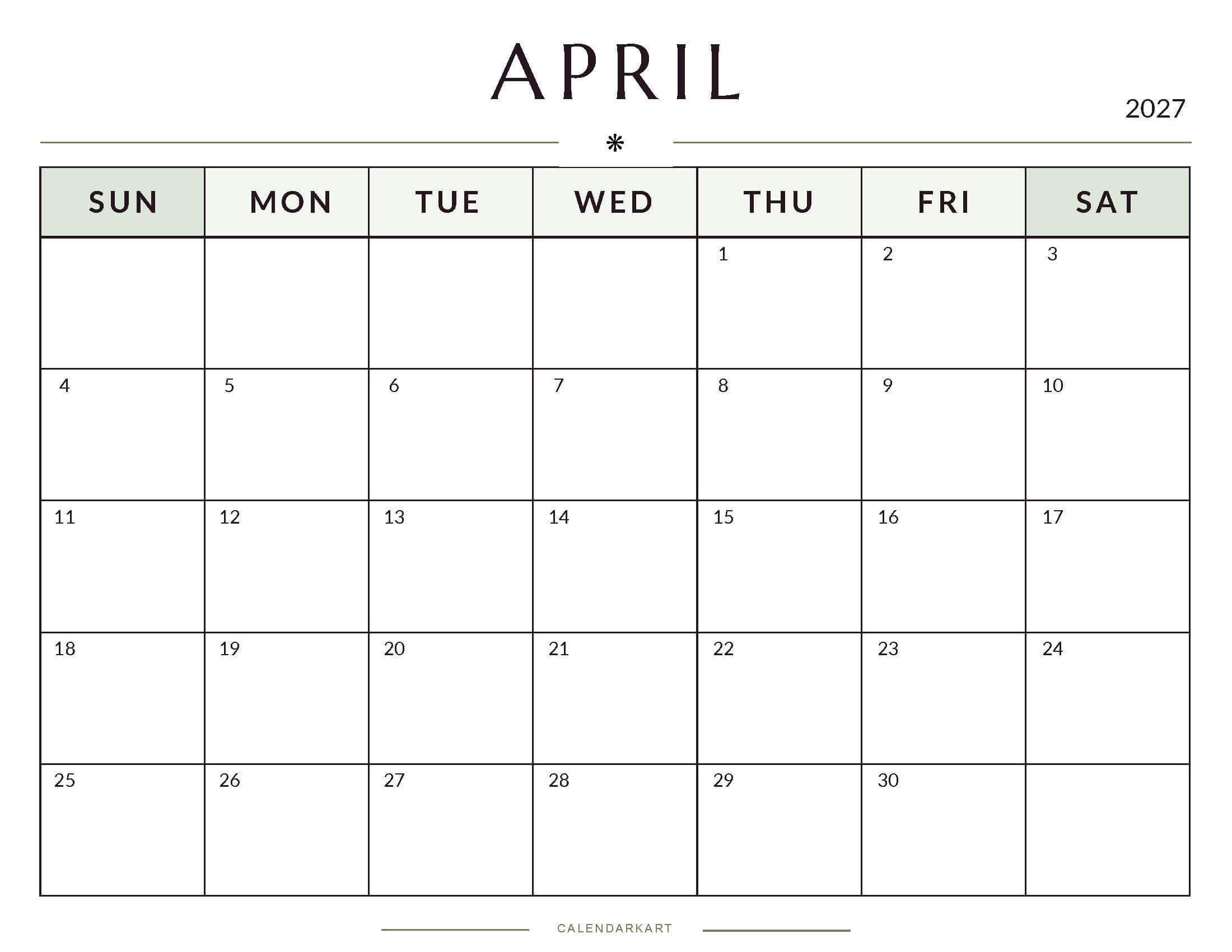 Printable April 2027 Monthly Calendar 6