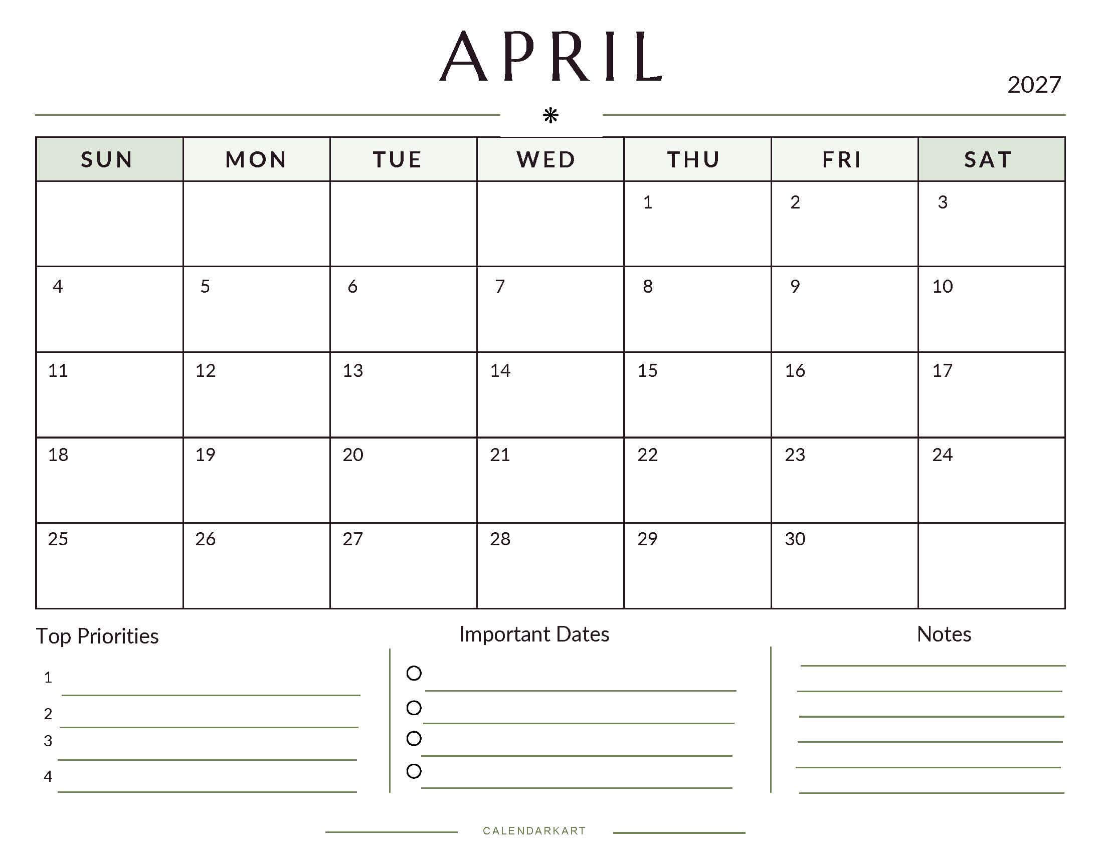 Printable April 2027 Monthly Calendar 8