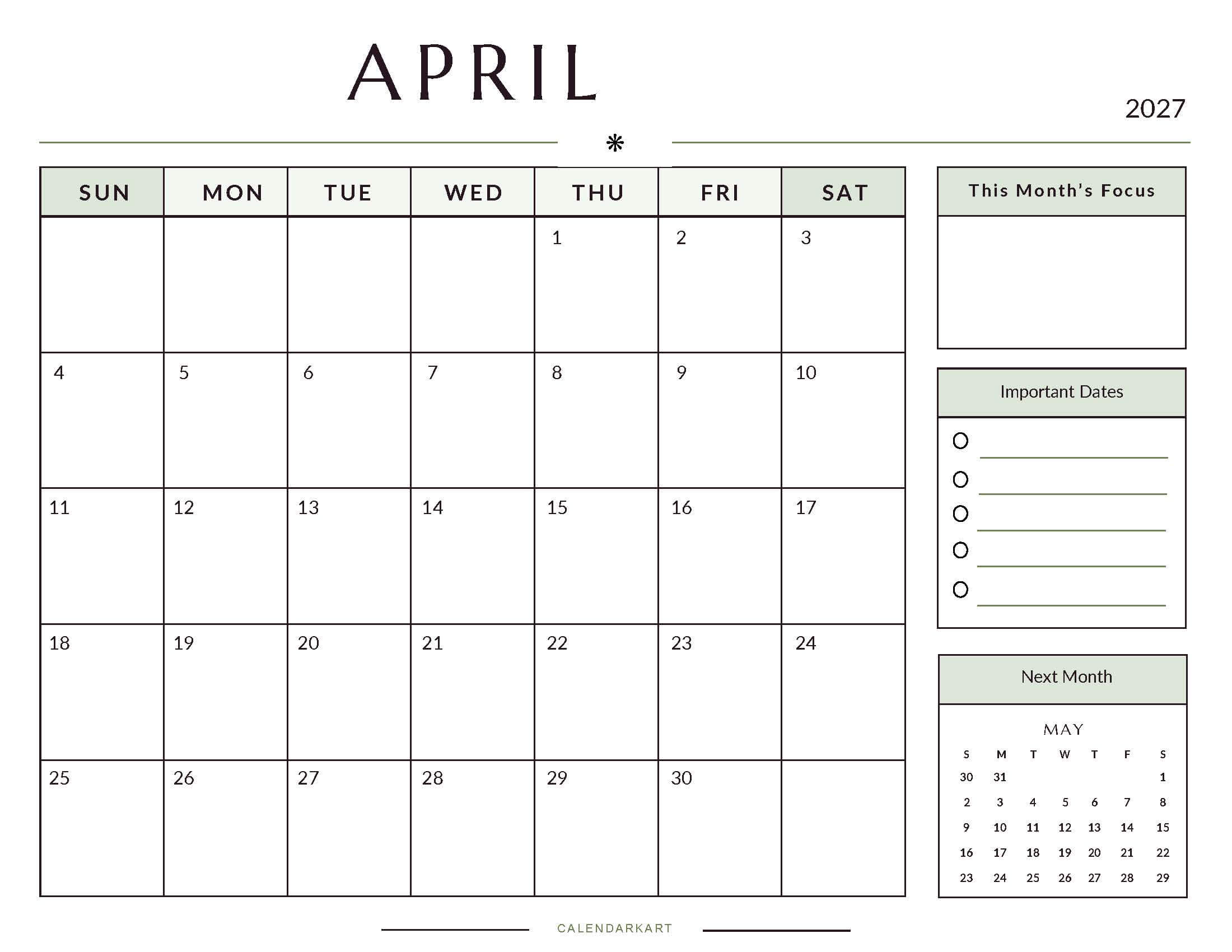 Printable April 2027 Monthly Calendar 9