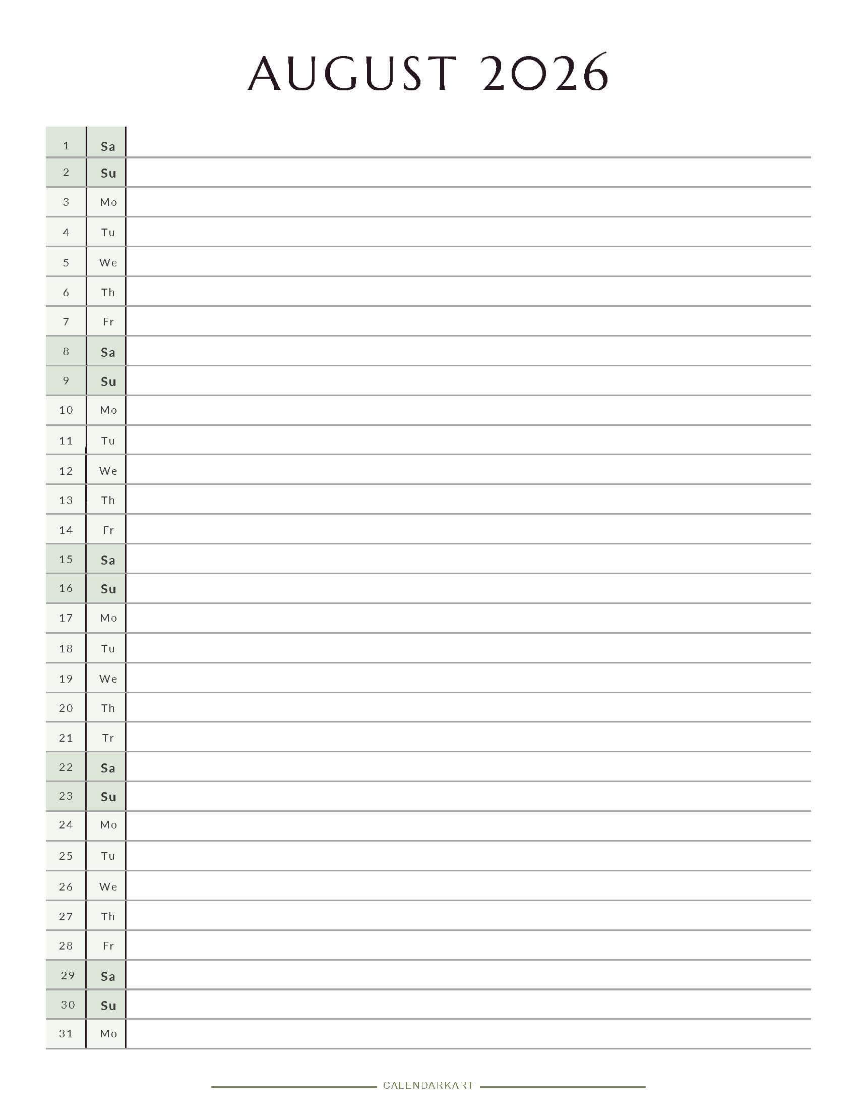 Printable August 2026 Monthly Calendar 1