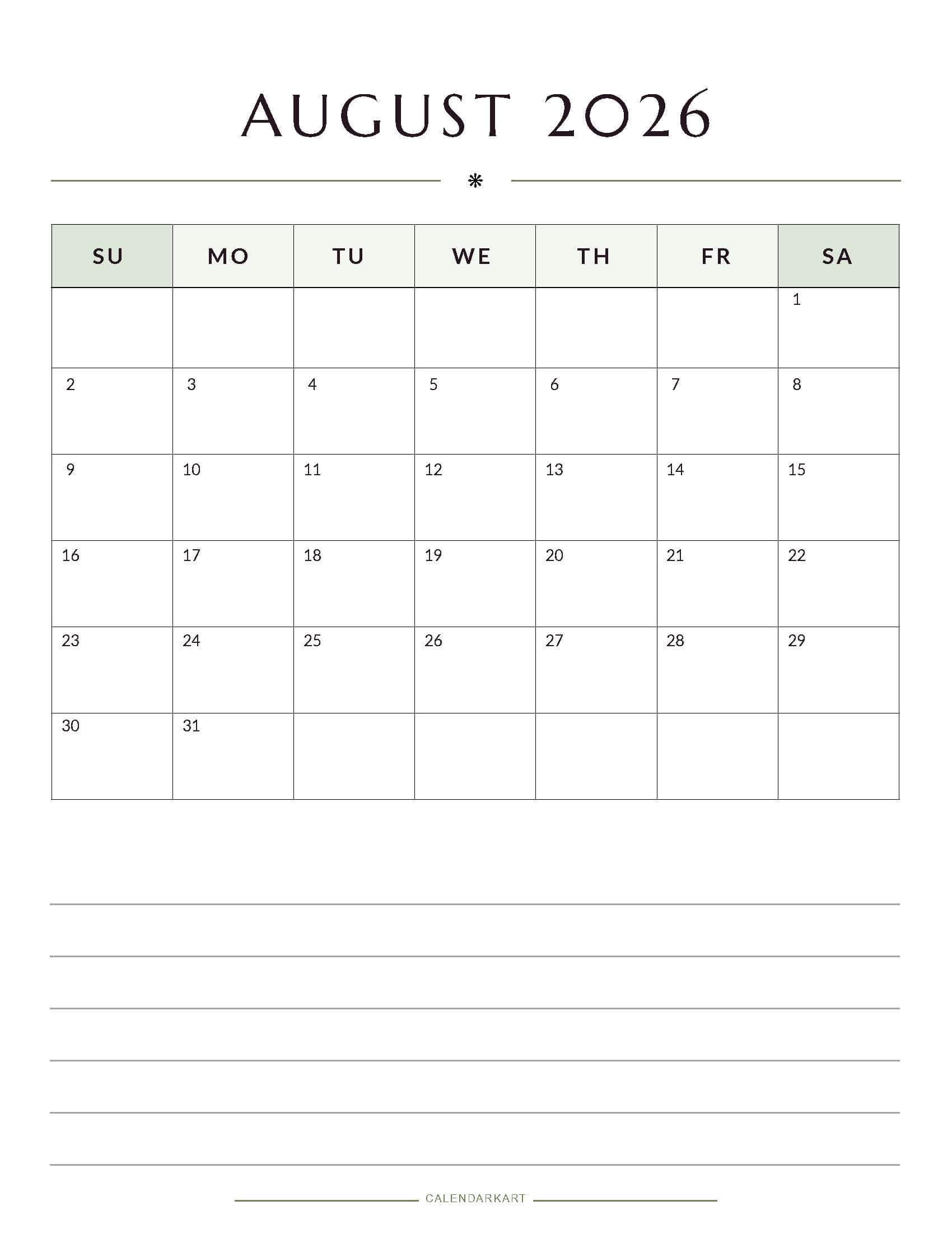 Printable August 2026 Monthly Calendar 10