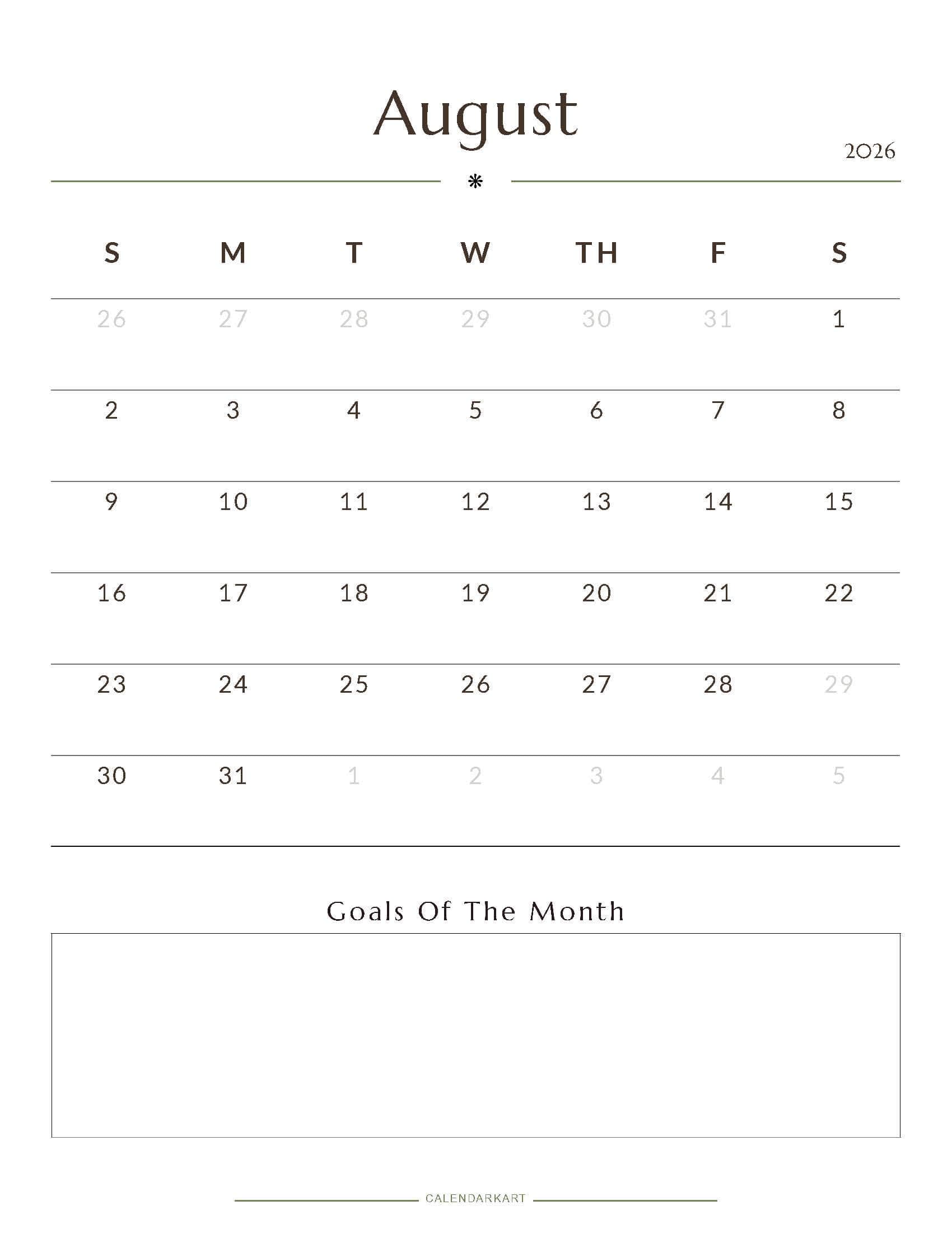 Printable August 2026 Monthly Calendar 2