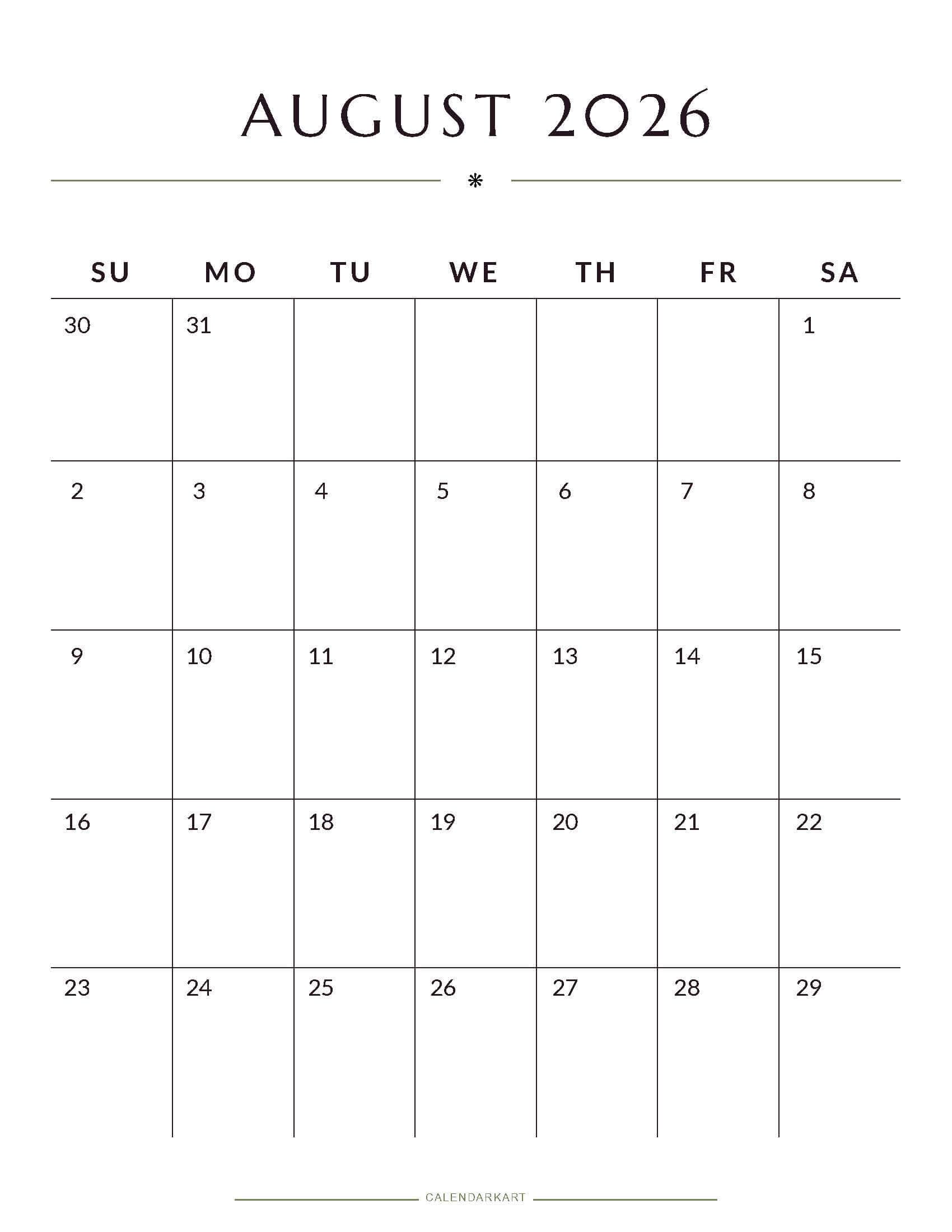 Printable August 2026 Monthly Calendar 3