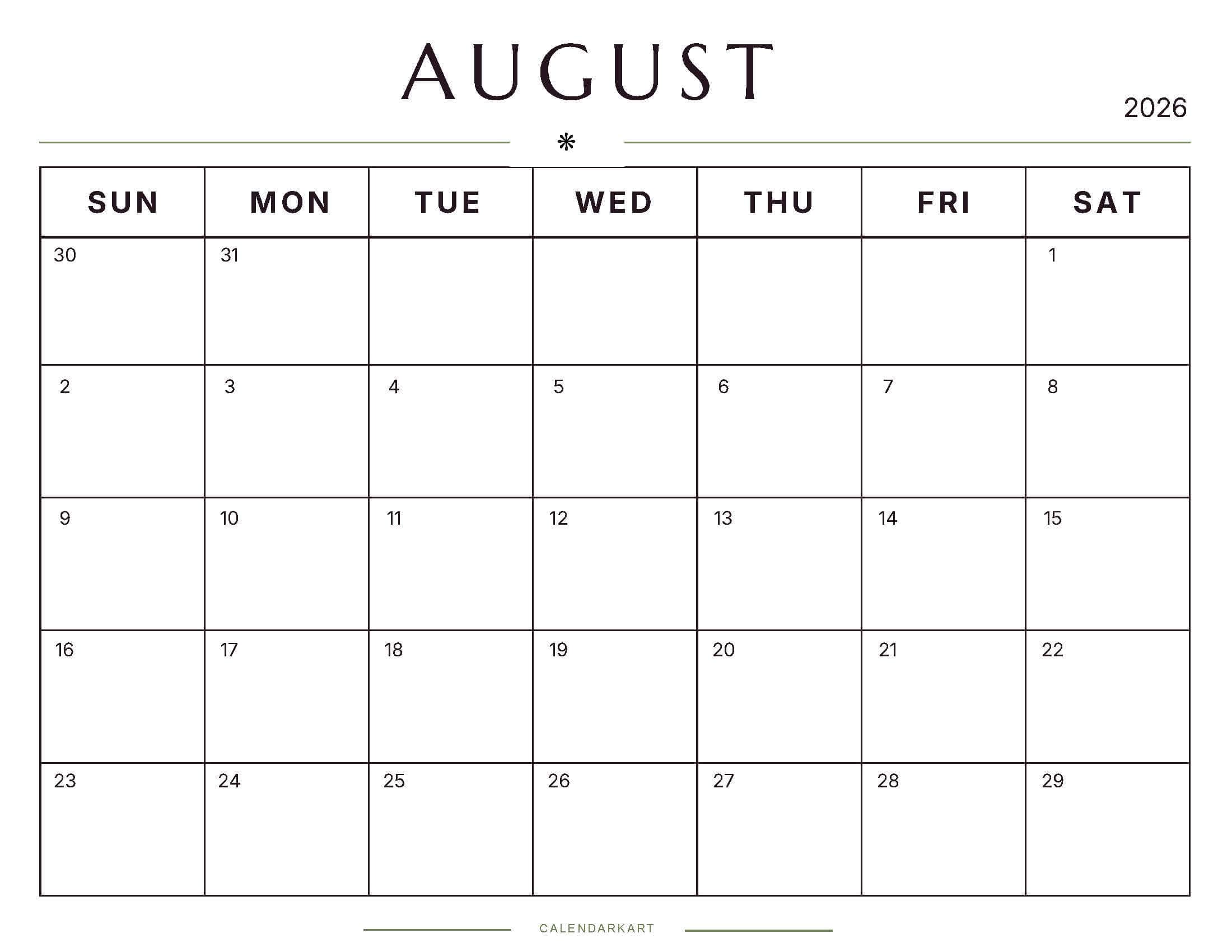 Printable August 2026 Monthly Calendar 5
