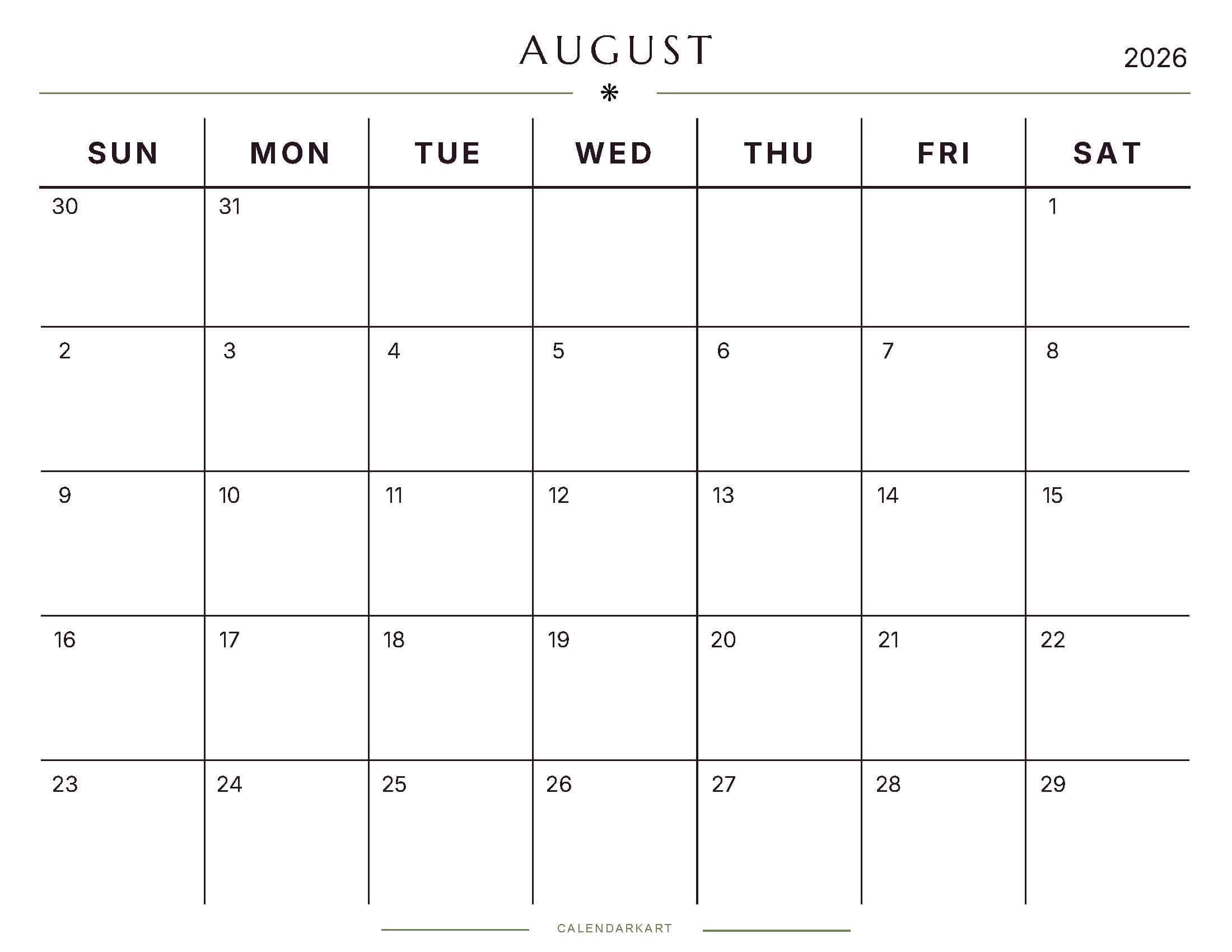 Printable August 2026 Monthly Calendar 6