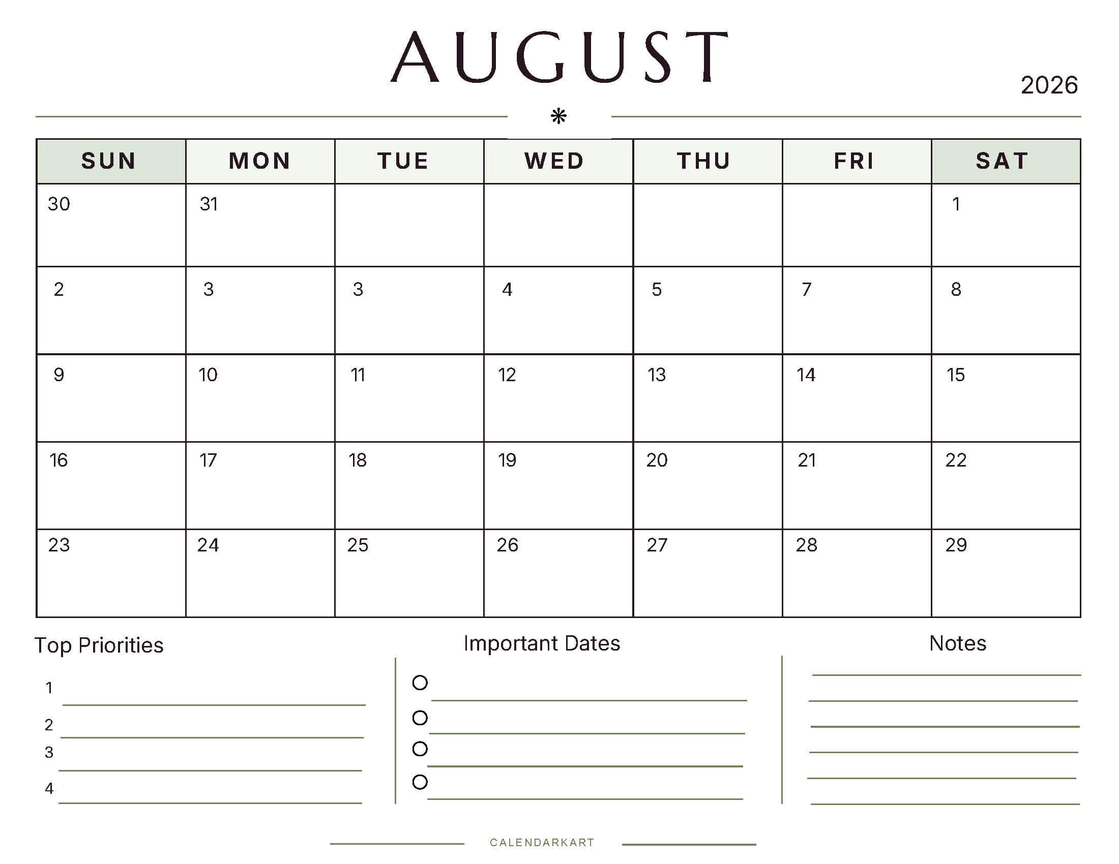 Printable August 2026 Monthly Calendar 7