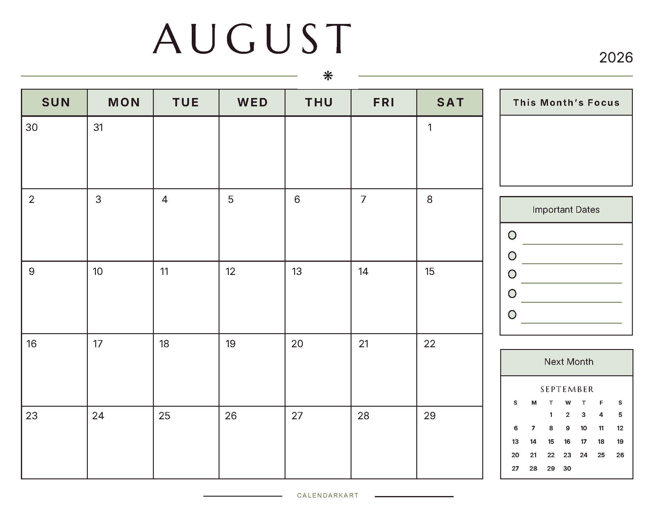 Printable August 2026 Monthly Calendar 9