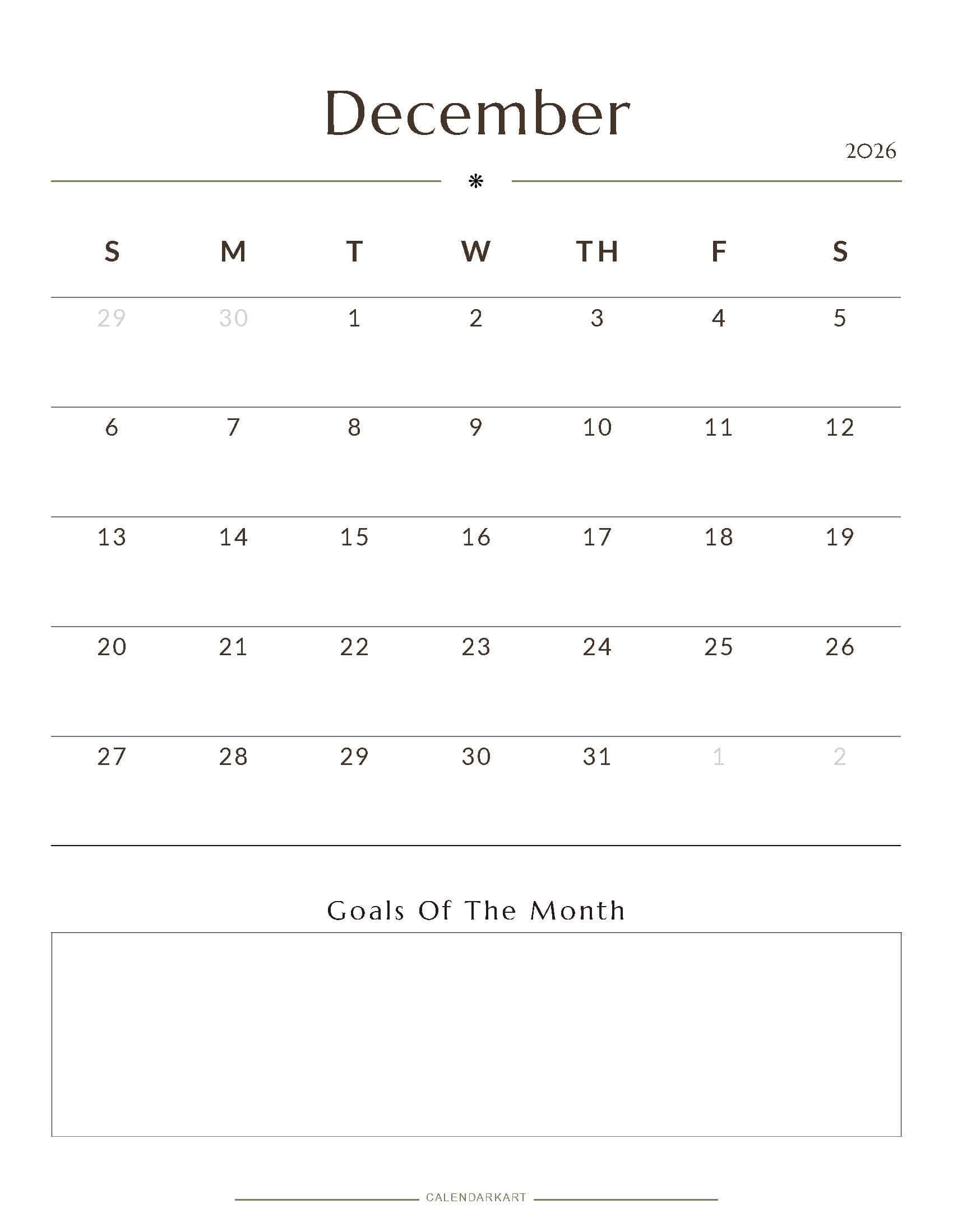 Printable December 2026 Monthly Calendar 1