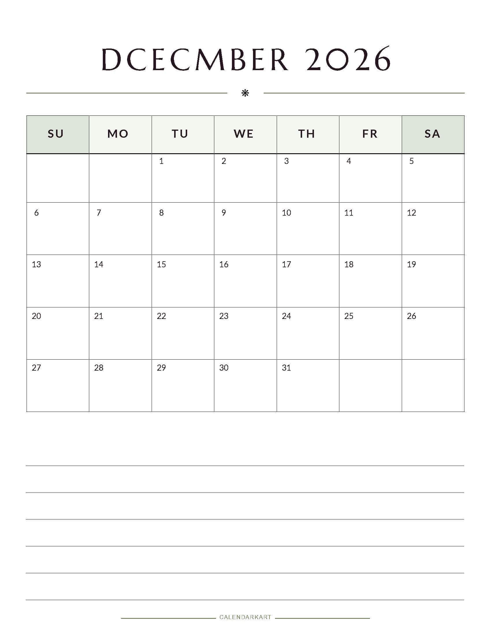 Printable December 2026 Monthly Calendar 10