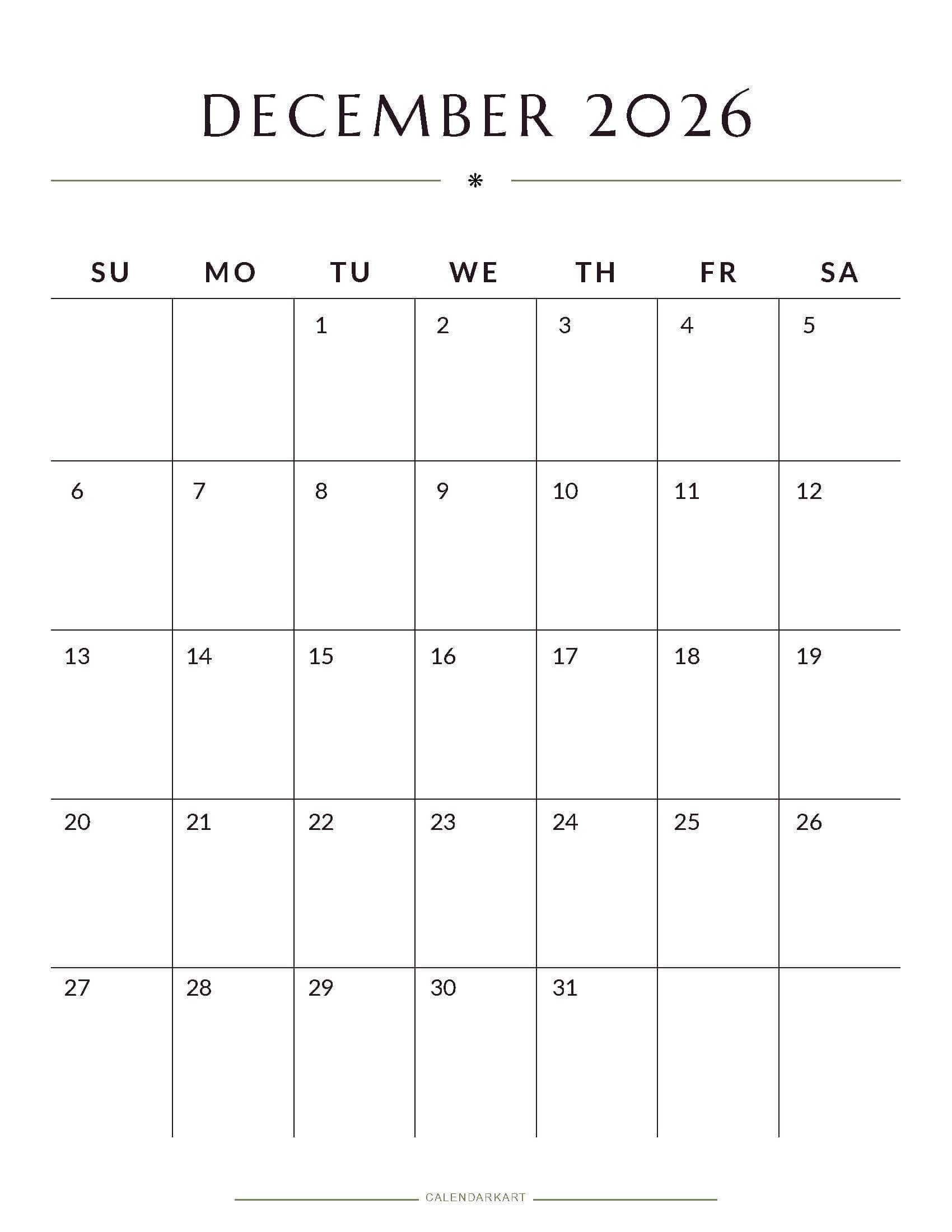 Printable December 2026 Monthly Calendar 2