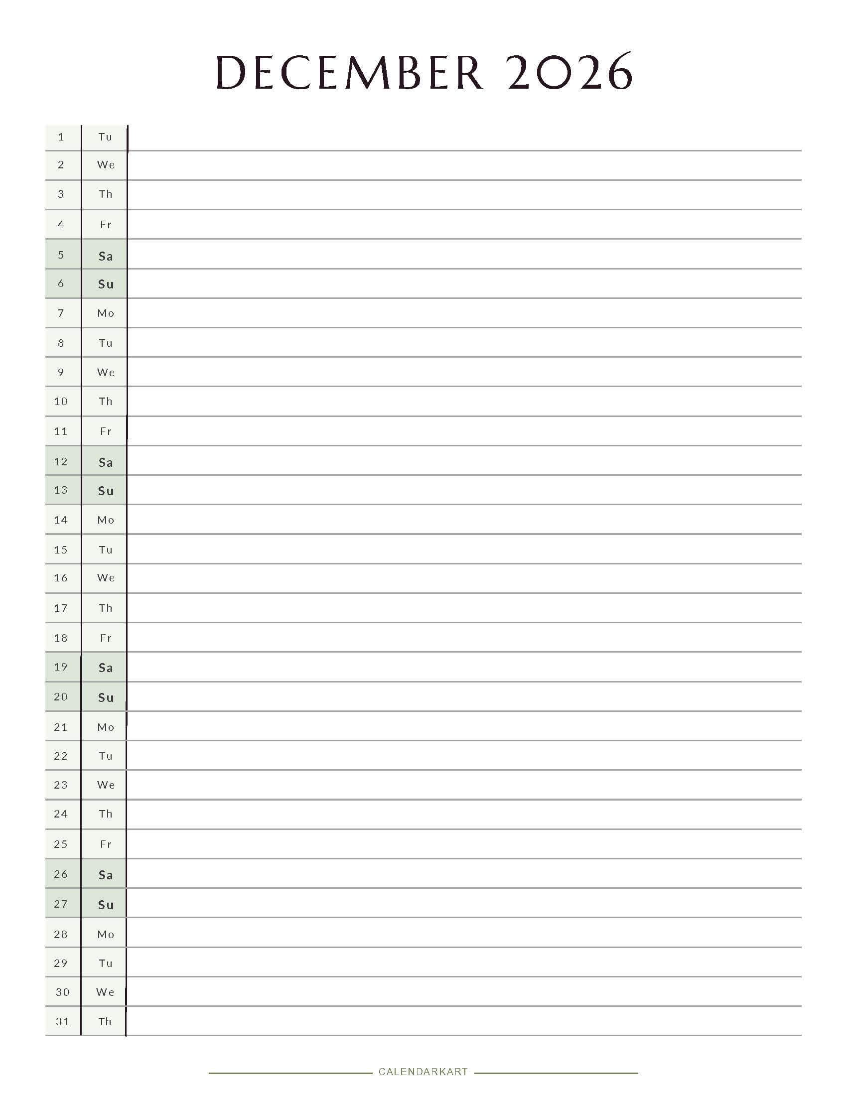 Printable December 2026 Monthly Calendar 3
