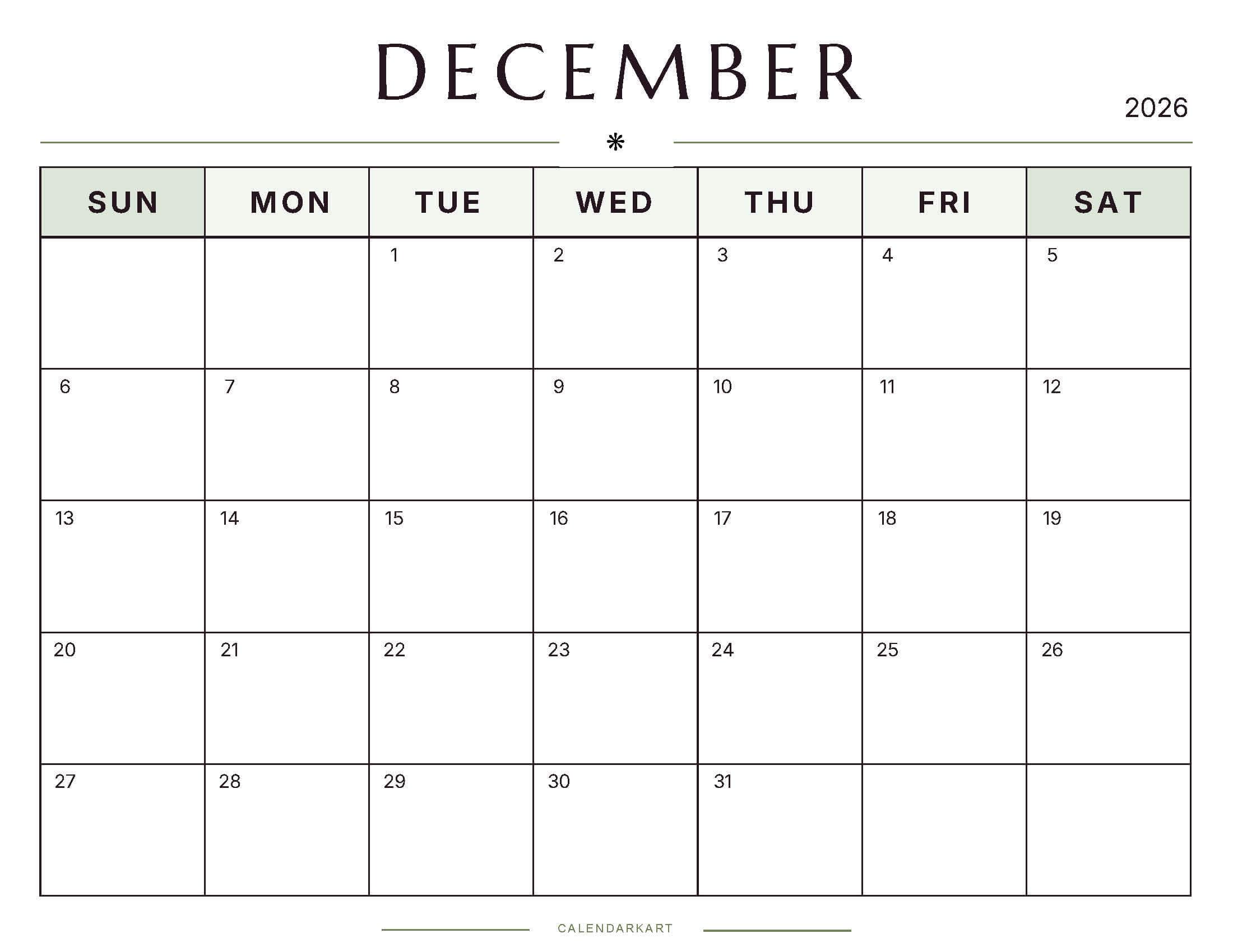 Printable December 2026 Monthly Calendar 4