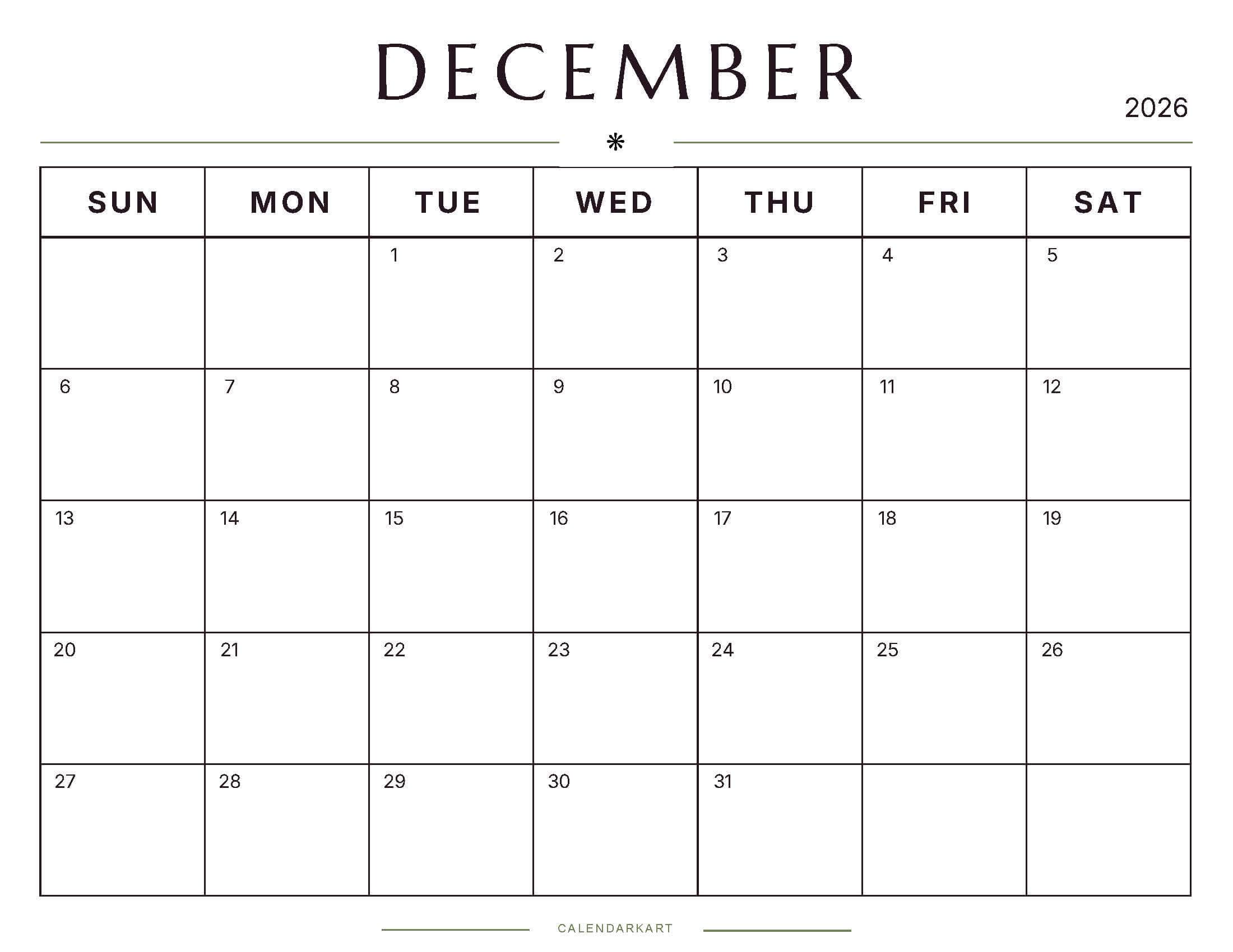 Printable December 2026 Monthly Calendar 5