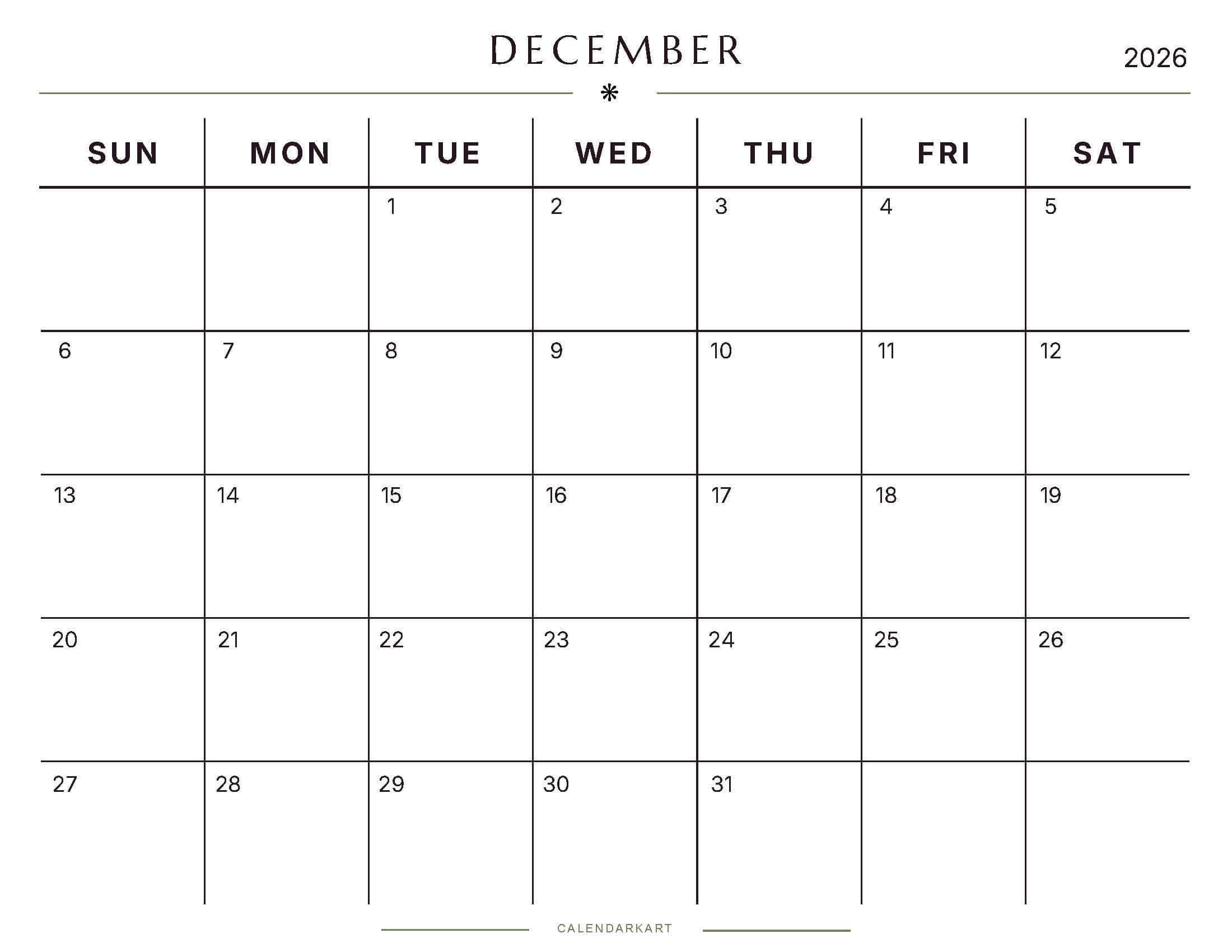 Printable December 2026 Monthly Calendar 6