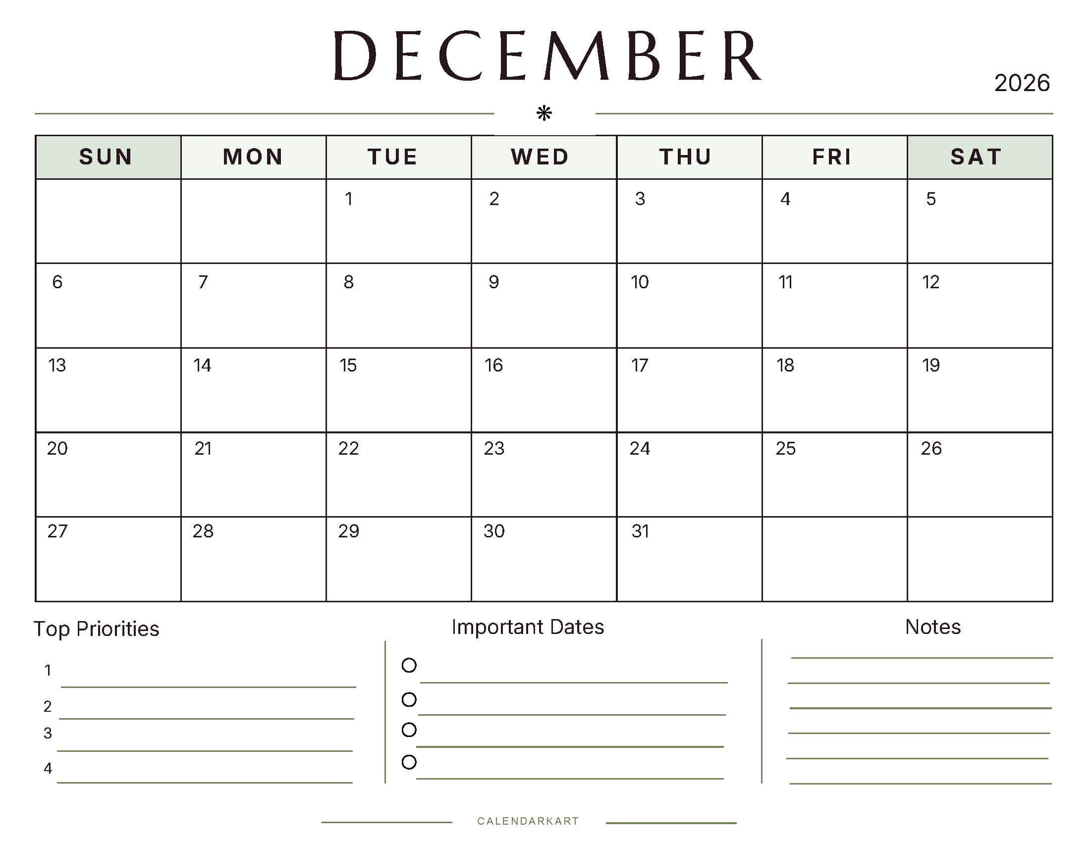 Printable December 2026 Monthly Calendar 7