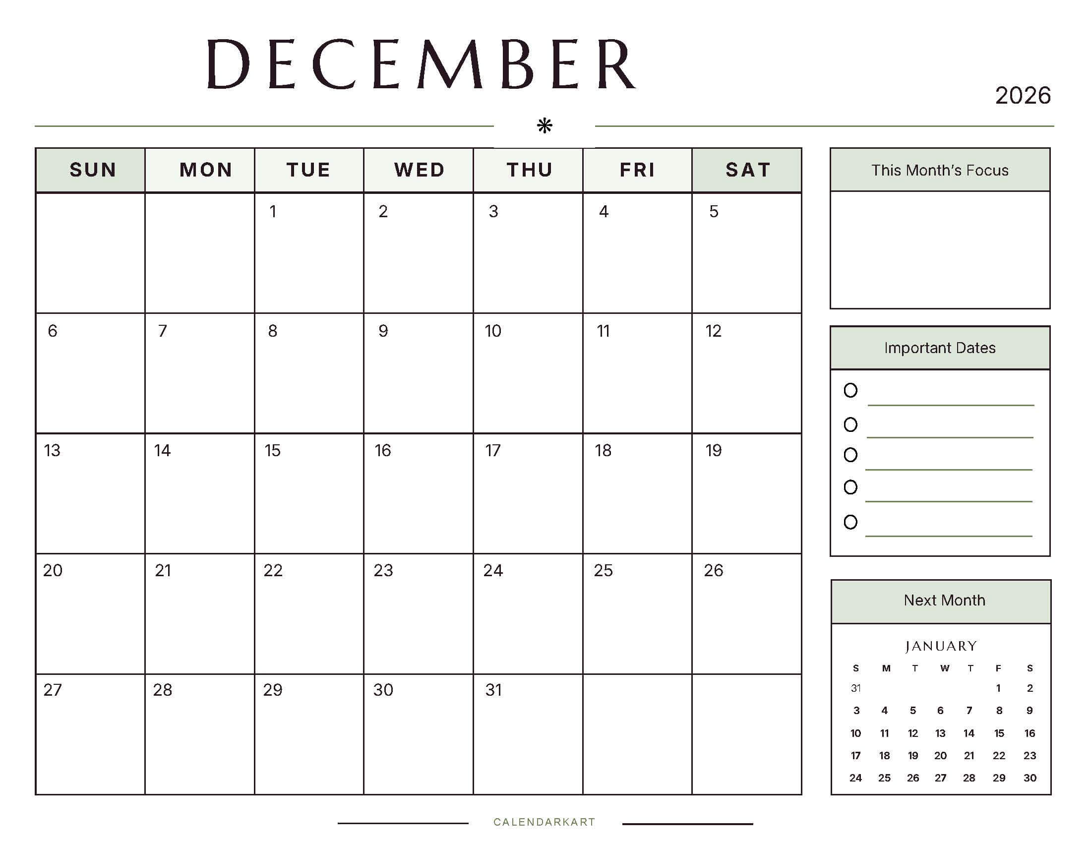 Printable December 2026 Monthly Calendar 9