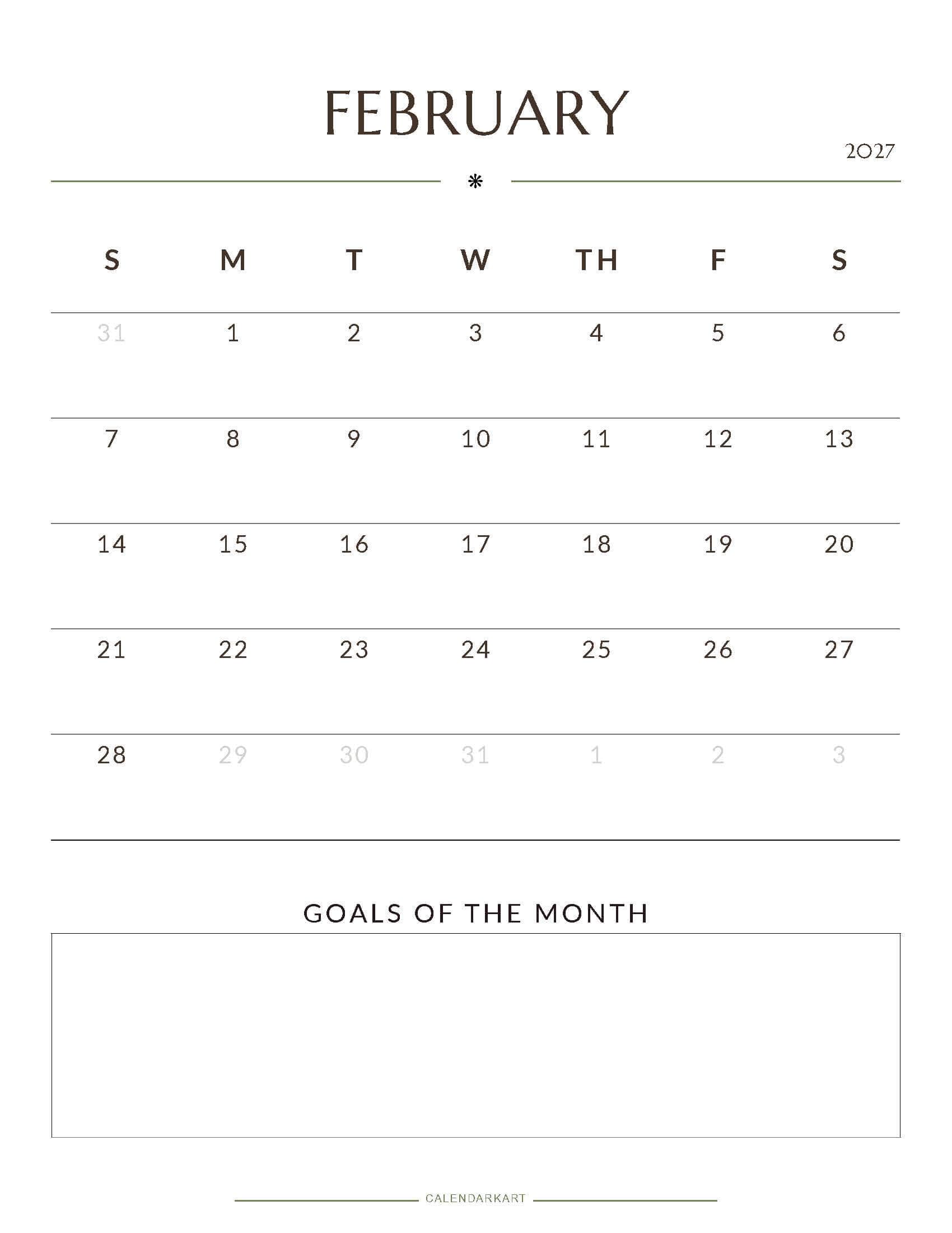 Printable February 2027 Monthly Calendar 1