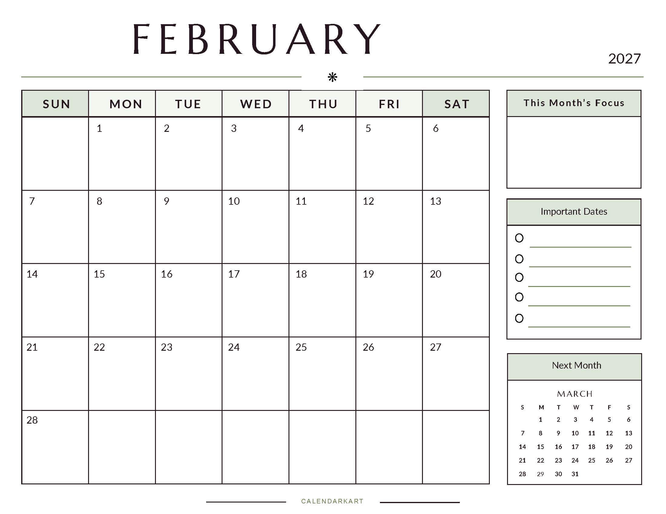 Printable February 2027 Monthly Calendar 10