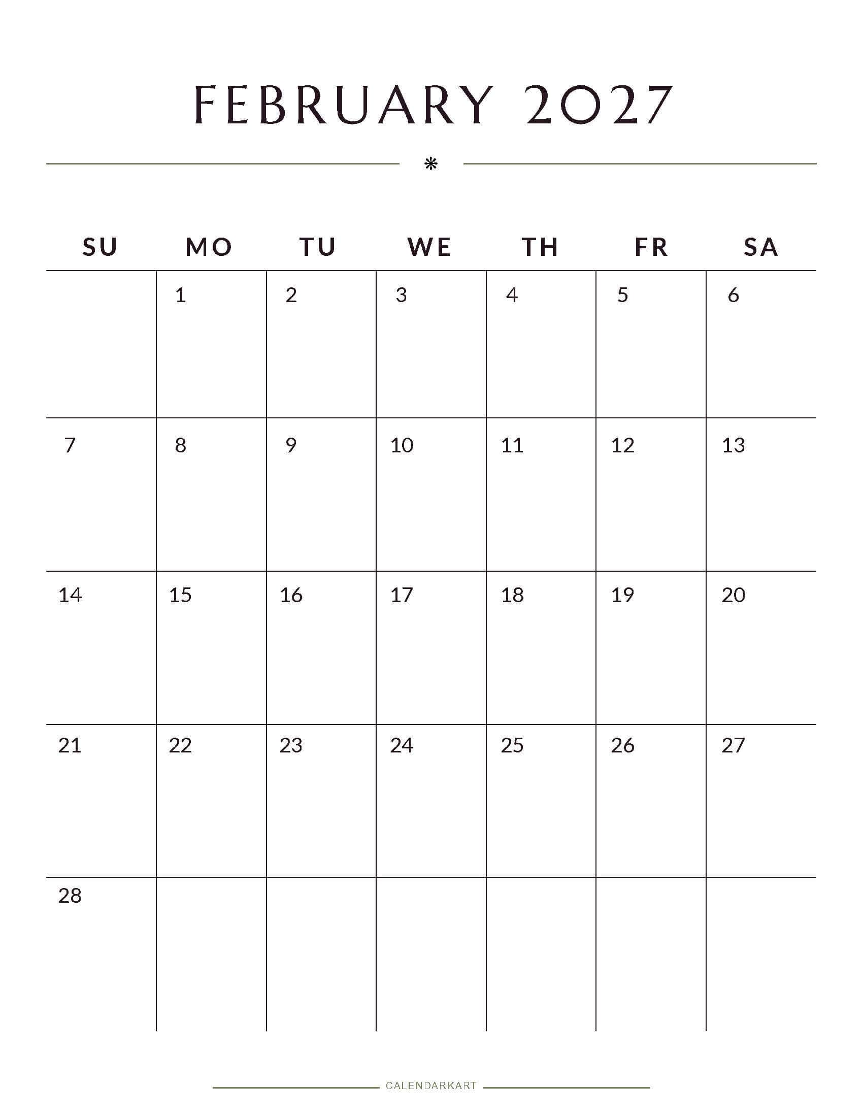 Printable February 2027 Monthly Calendar 2