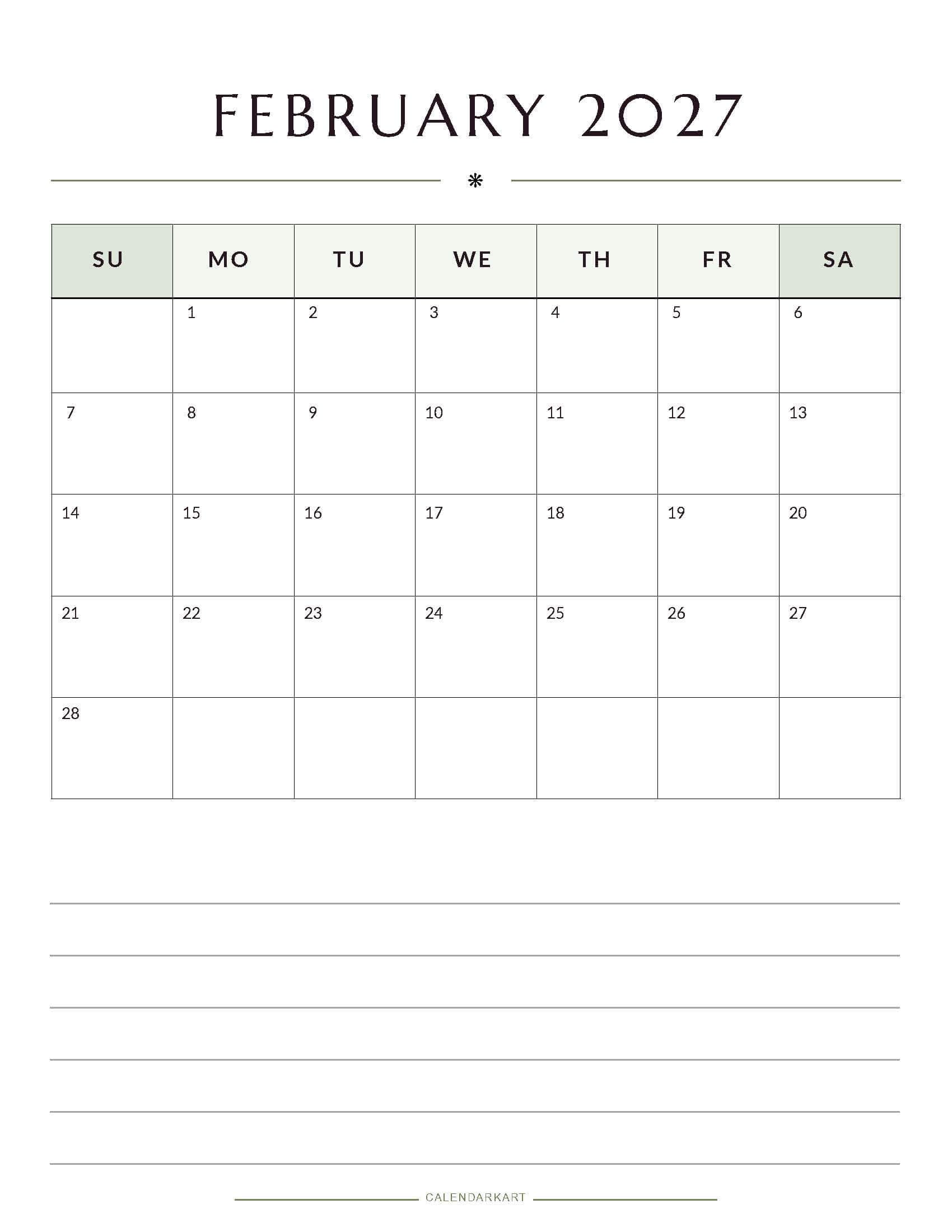 Printable February 2027 Monthly Calendar 3