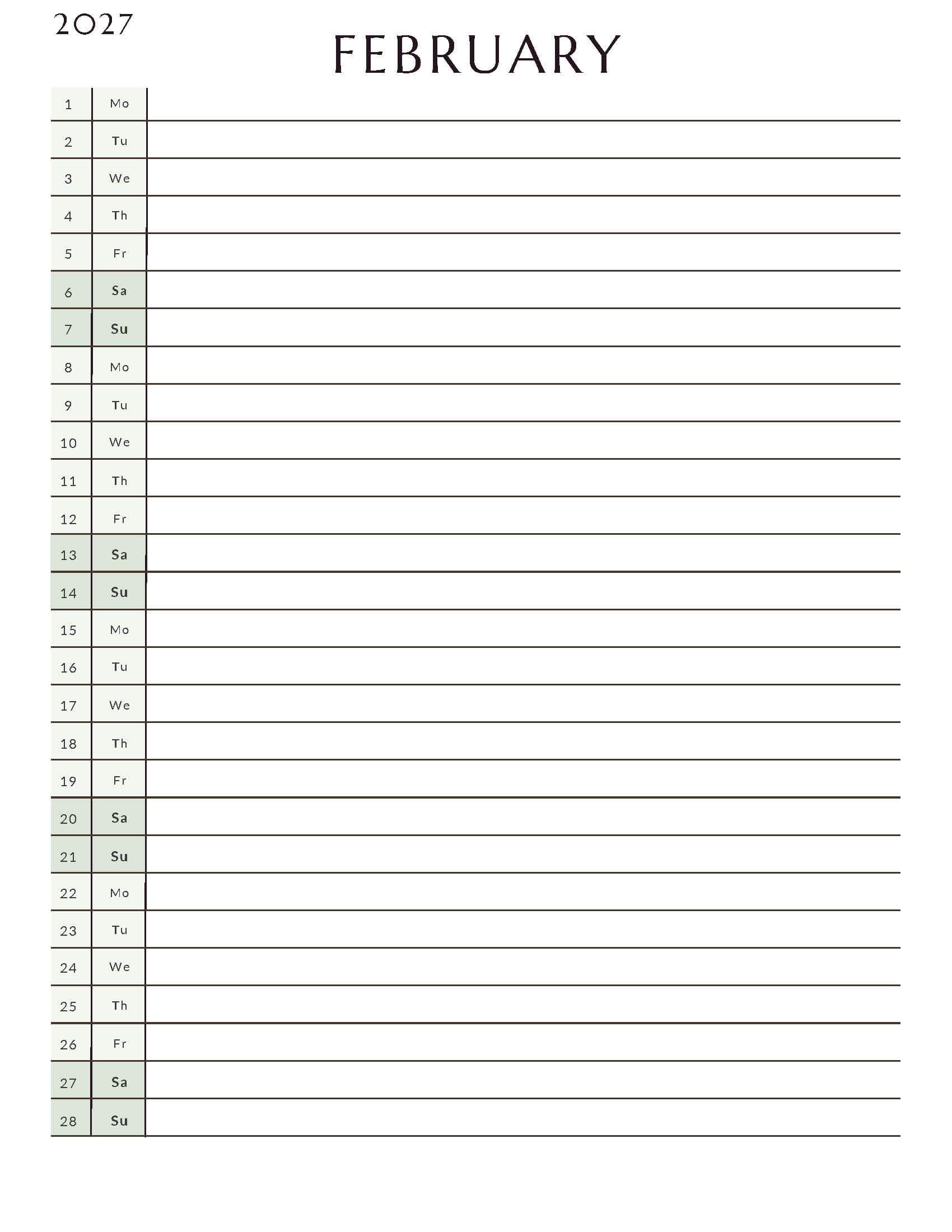 Printable February 2027 Monthly Calendar 4