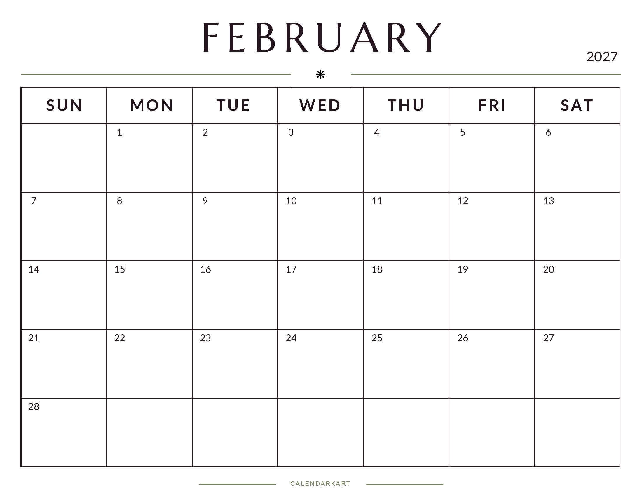 Printable February 2027 Monthly Calendar 5