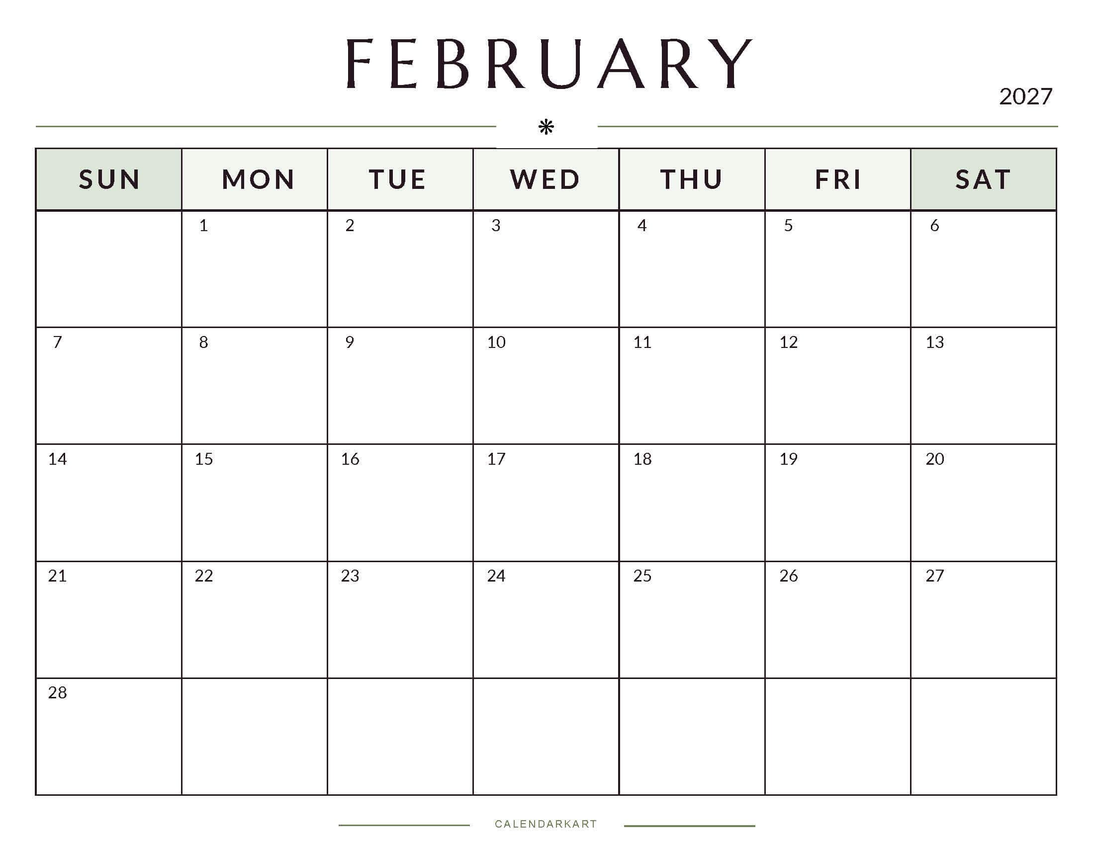 Printable February 2027 Monthly Calendar 6