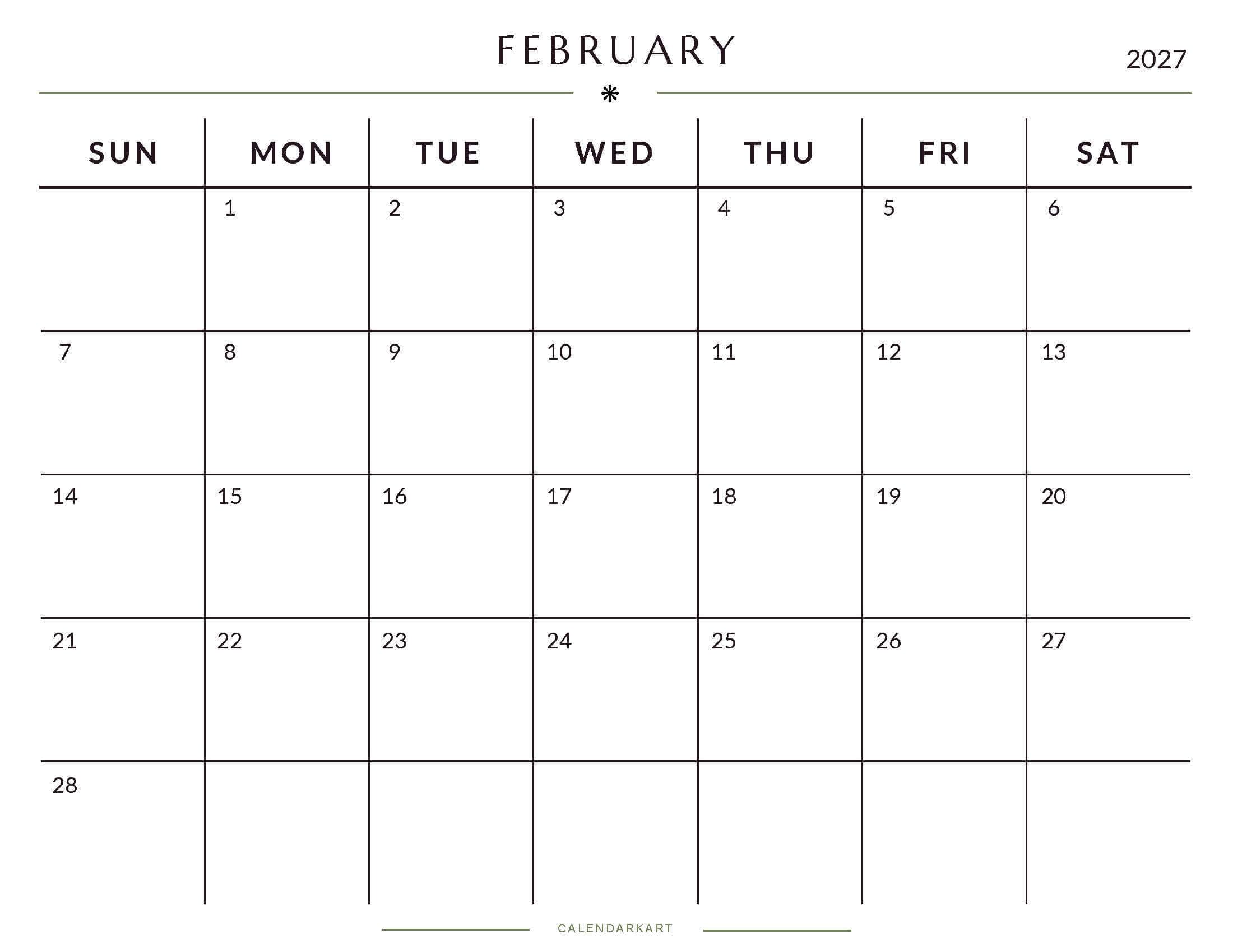 Printable February 2027 Monthly Calendar 7