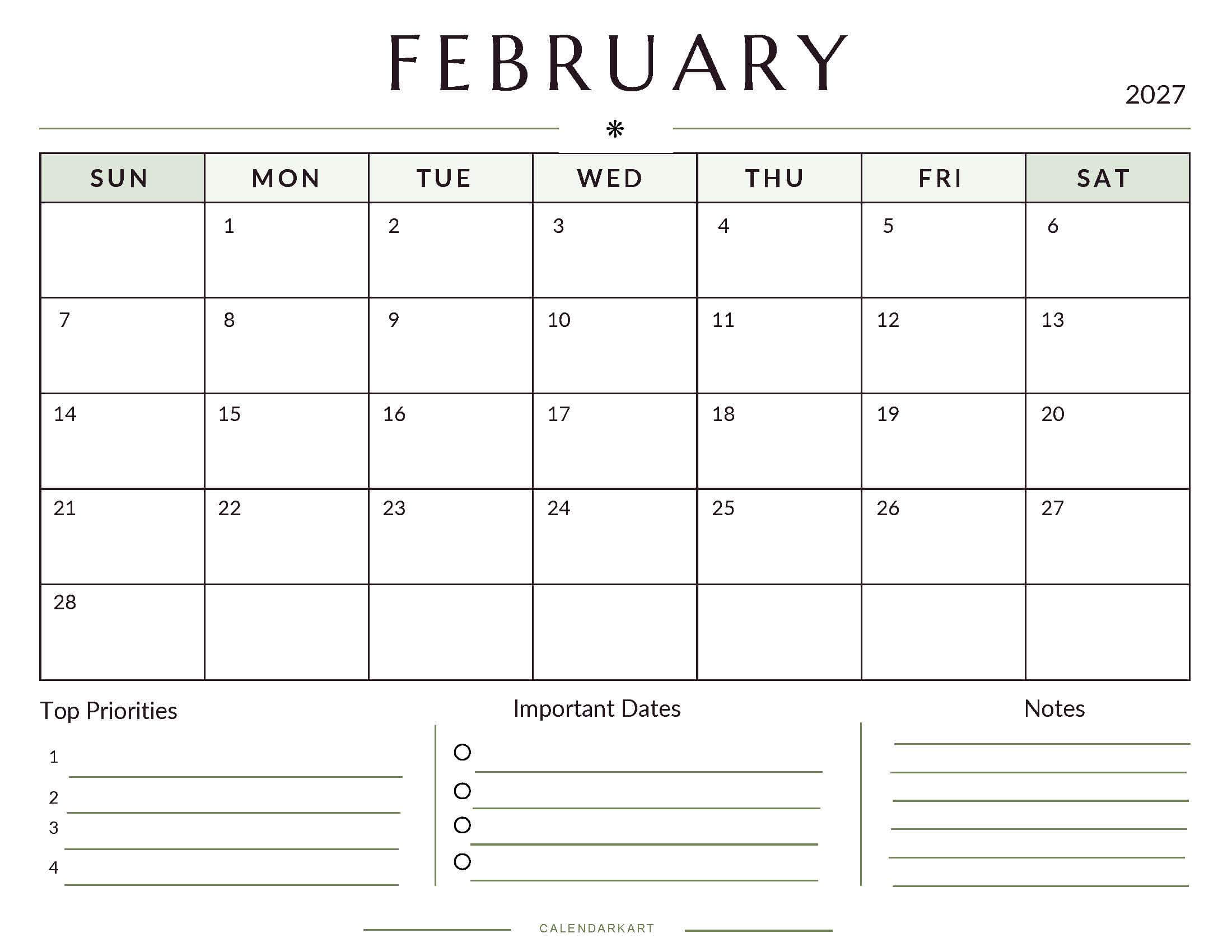 Printable February 2027 Monthly Calendar 8