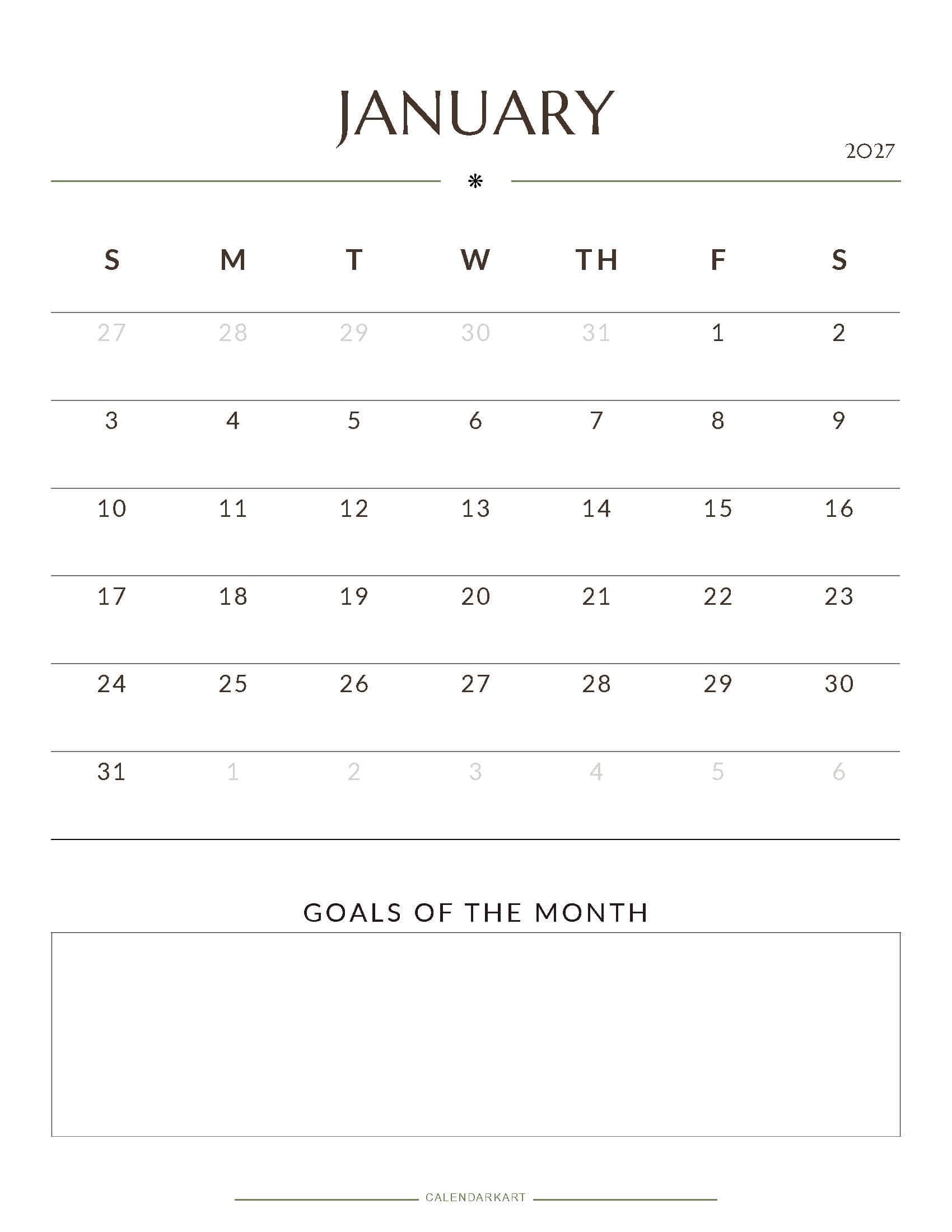 Printable January 2027 Monthly Calendar 1