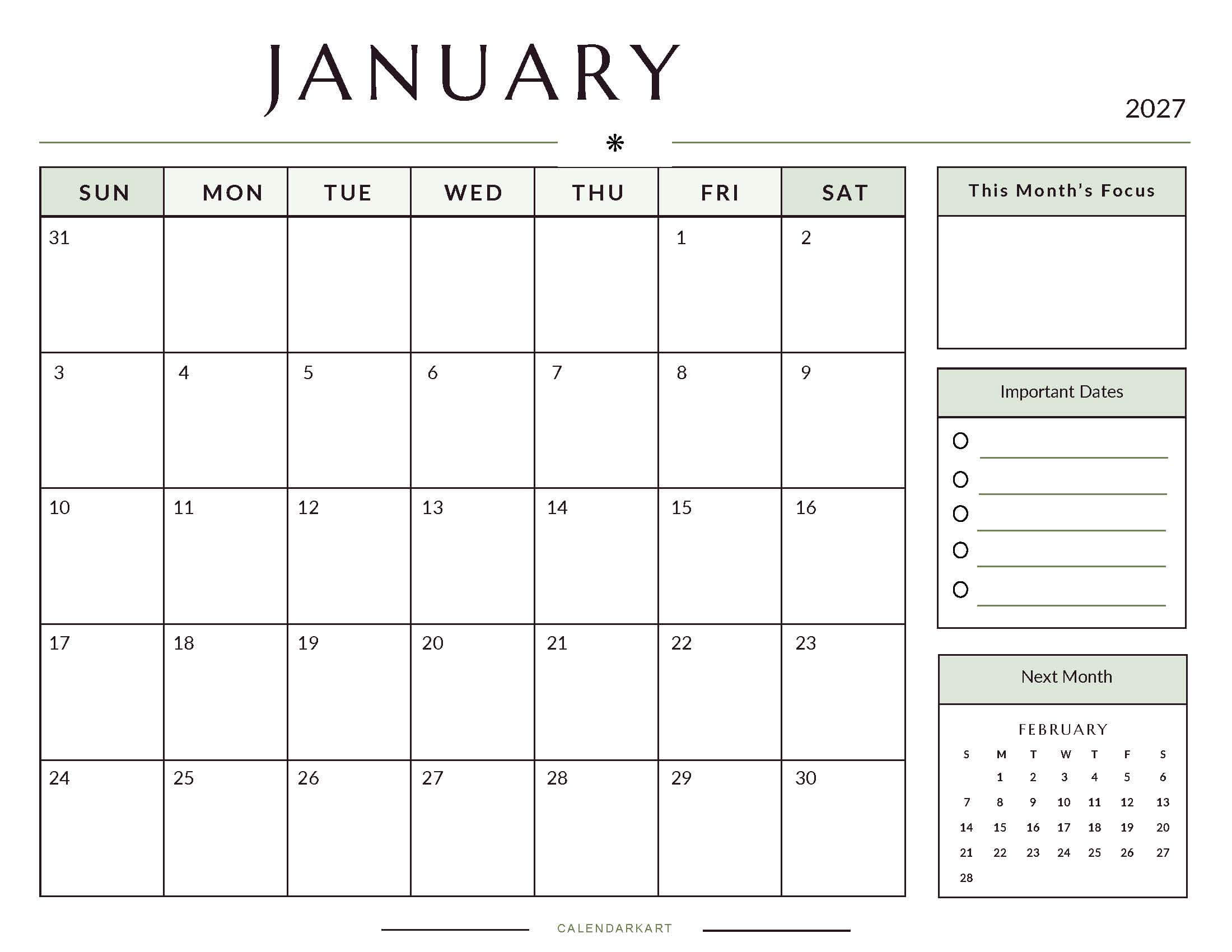 Printable January 2027 Monthly Calendar 10