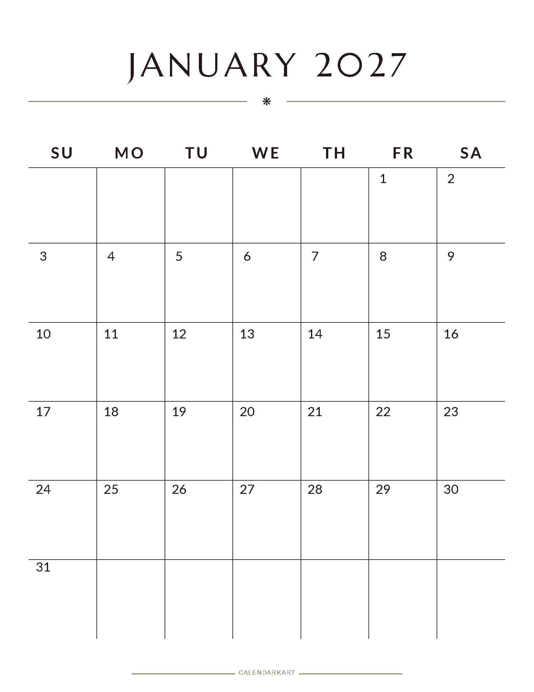 Printable January 2027 Monthly Calendar 2