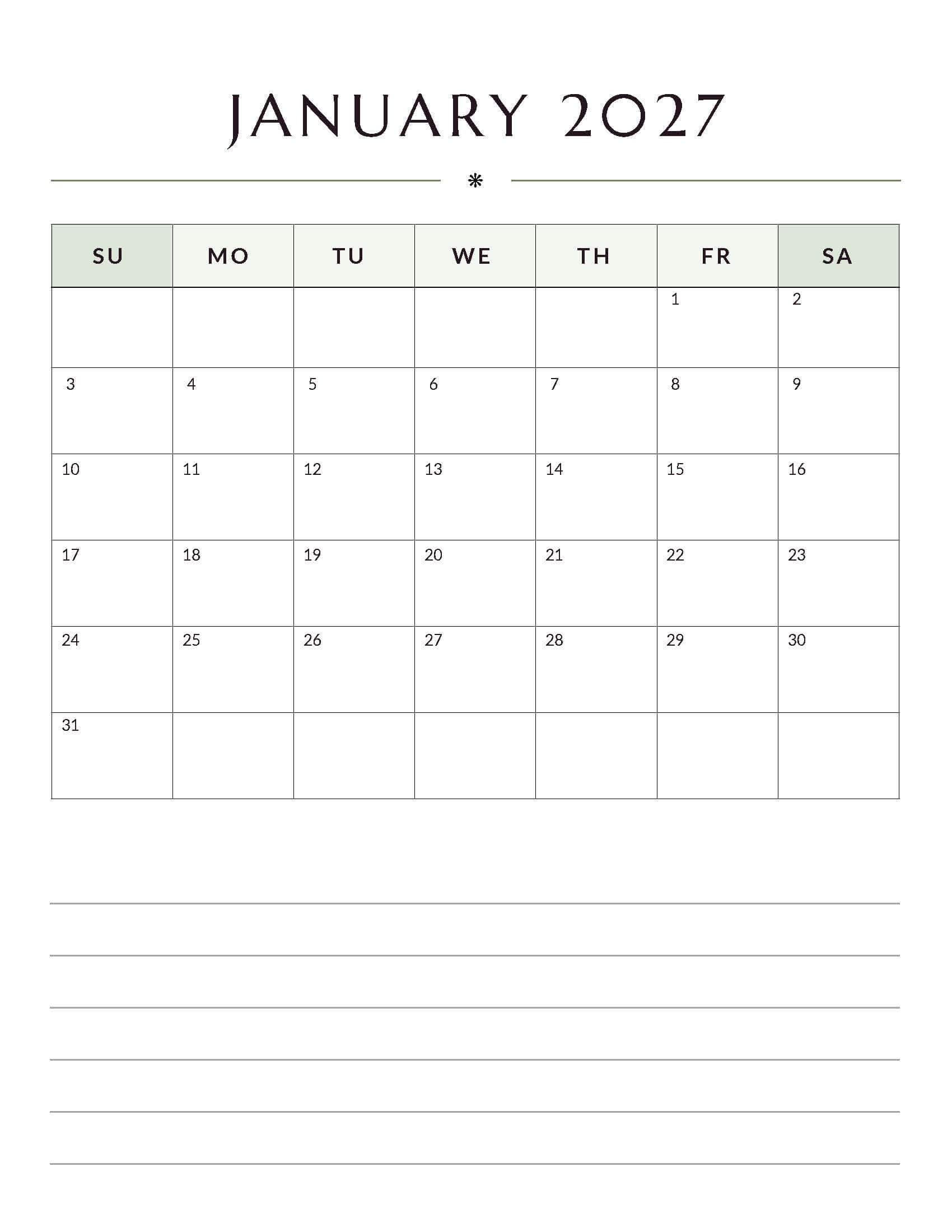 Printable January 2027 Monthly Calendar 3