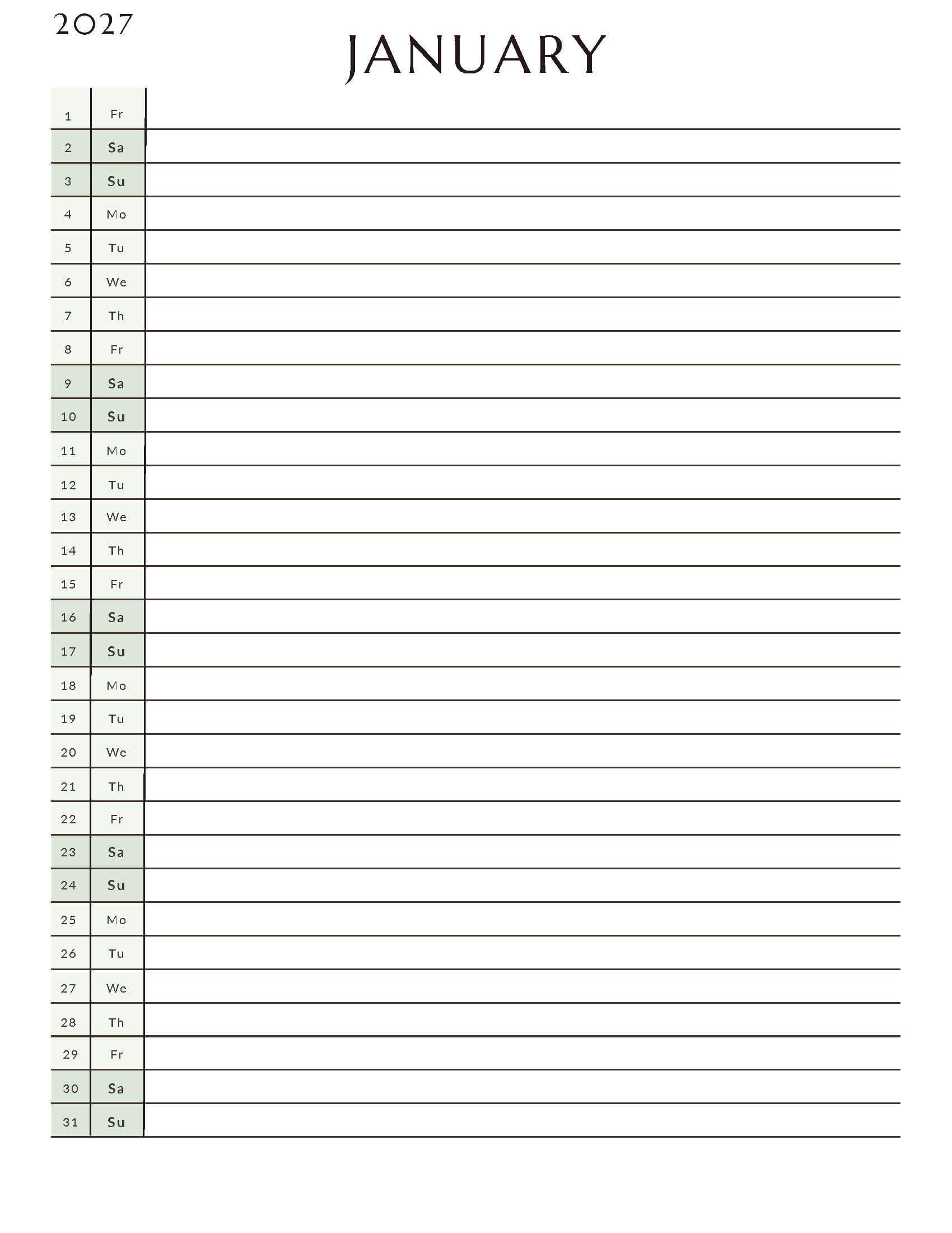 Printable January 2027 Monthly Calendar 4