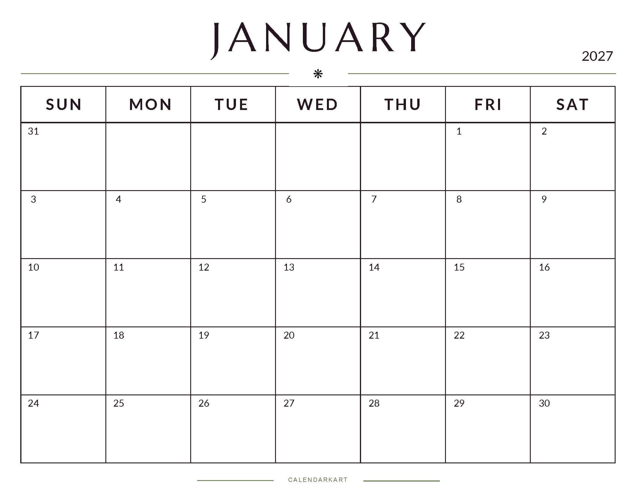 Printable January 2027 Monthly Calendar 5